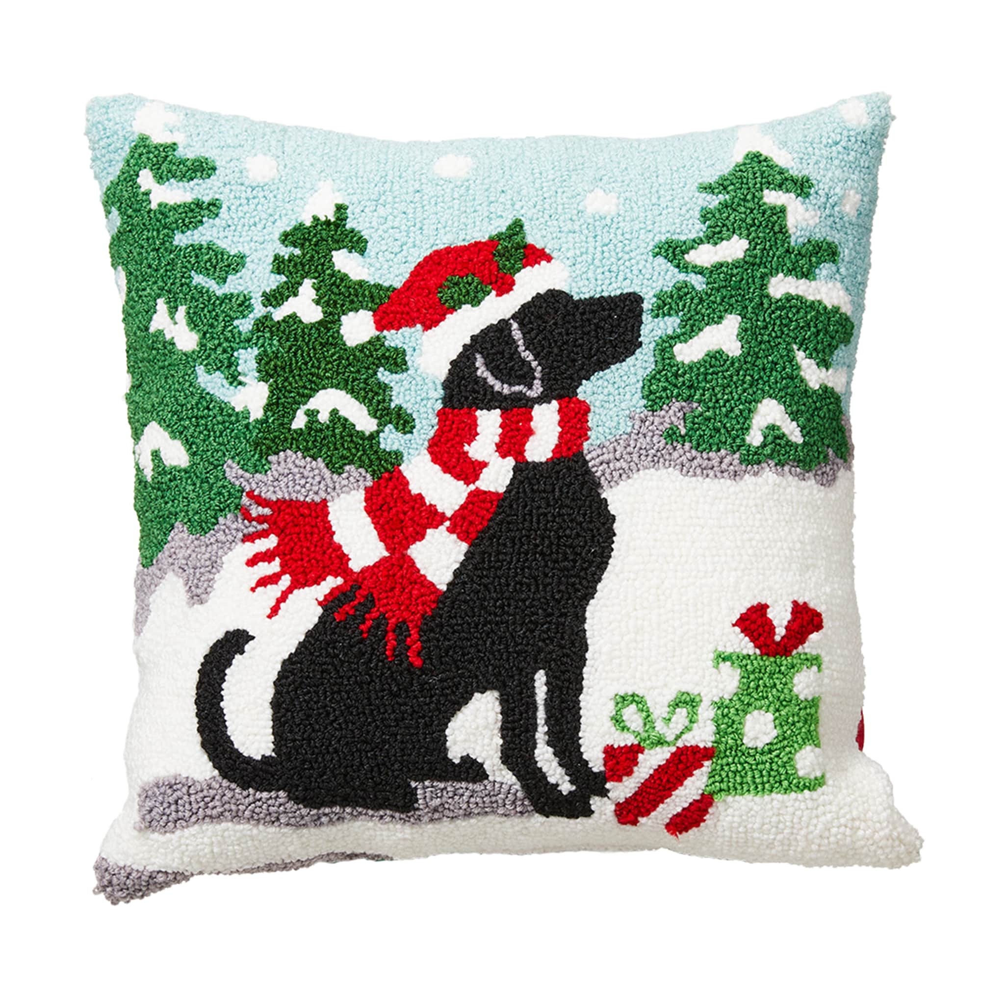 Hooked Wool Holiday Throw Pillow with Black Labs in Truck