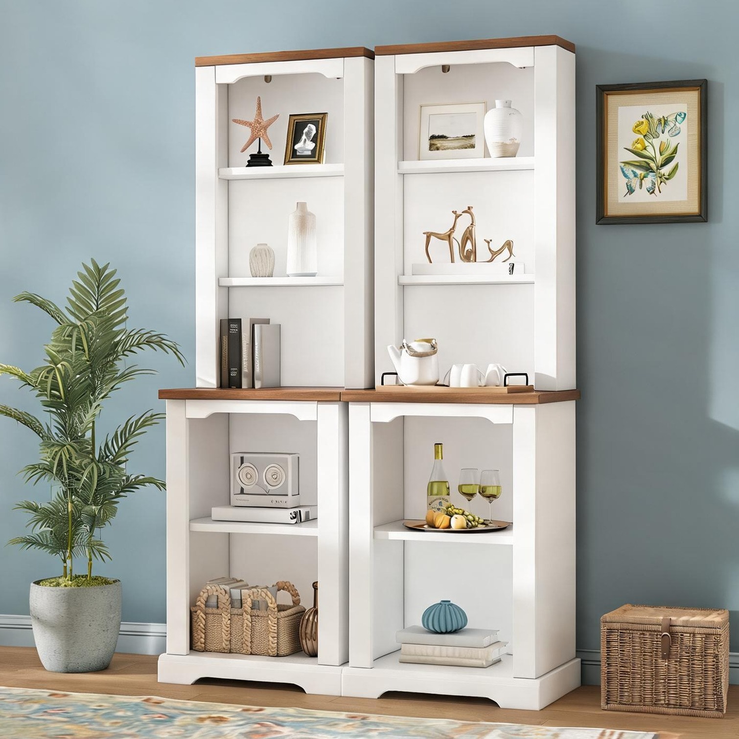 FlowLuxe Freestanding Bookcase Set with Curved Design White Finish MDF 66.1 Tall Open Storage Display Shelving