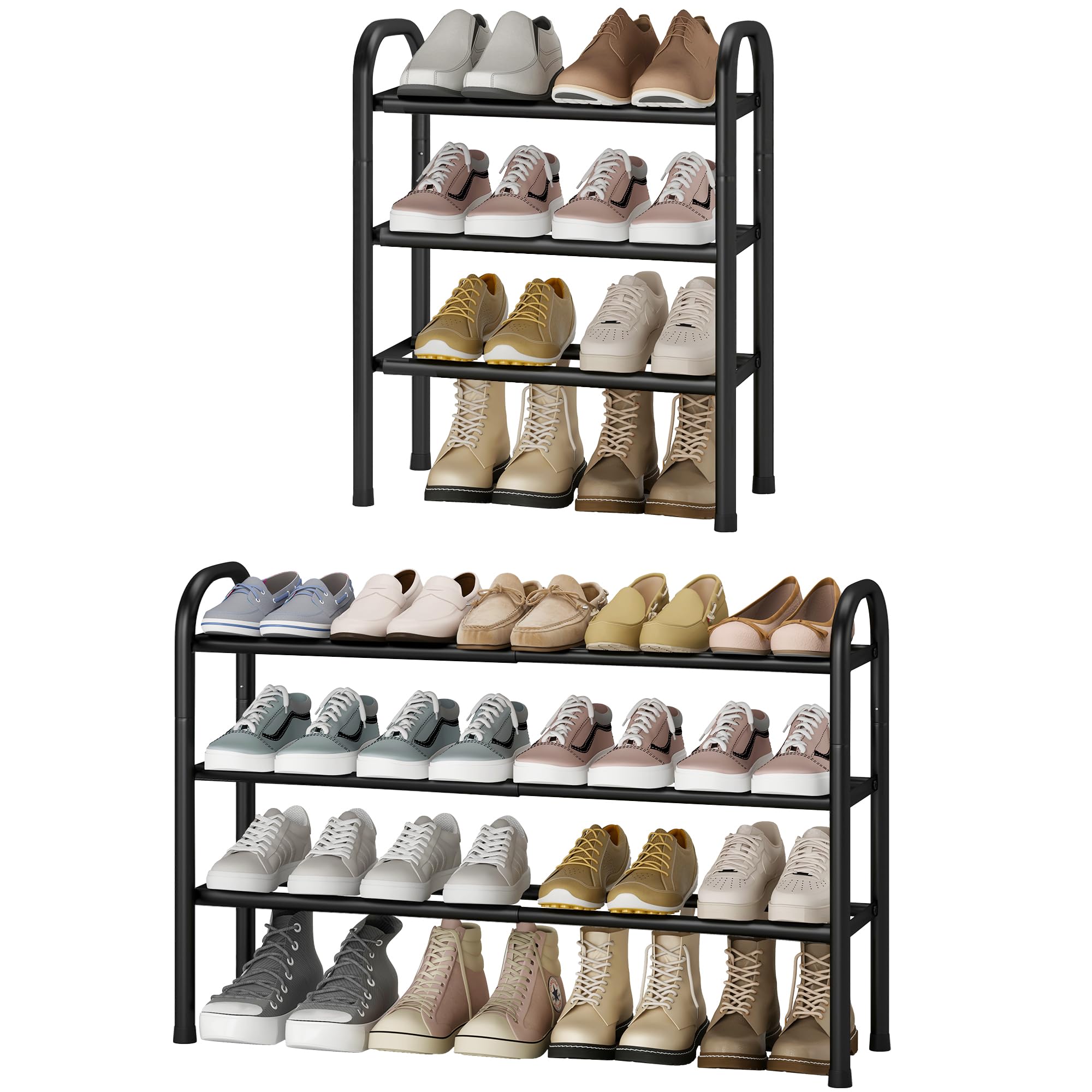 Aoibox  3 Tier Expandable Metal Shoe Rack Adjustable 17.7 to 33.1 Inch Holds Up to 16 Pairs Compact Storage Organizer for Entryway Closet Black
