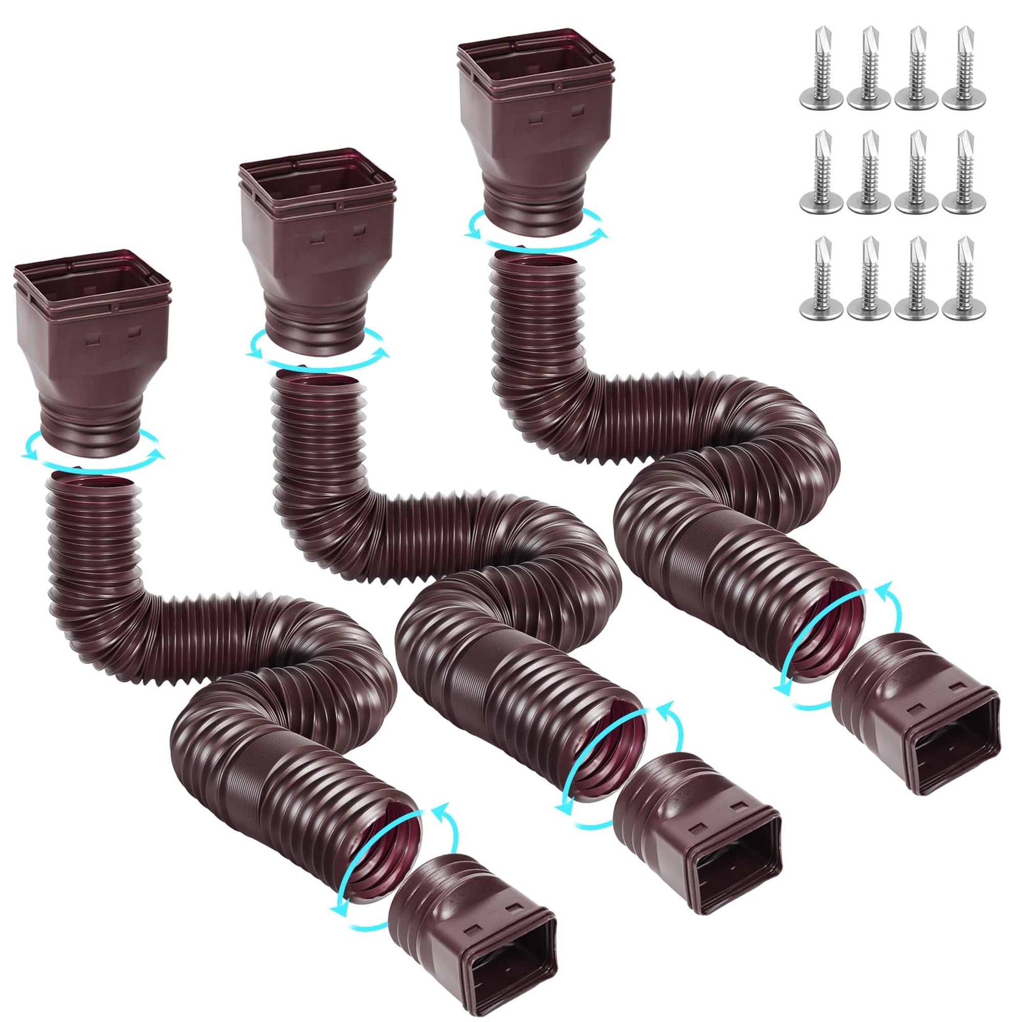Angel Sar 3 Pack Brown Flexible Gutter Downspout Extensions Extendable 21 to 67 Inches with Adapters Thickened for Rainwater Drainage