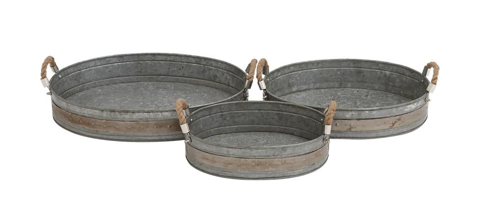 Grayson Lane 27539 Farmhouse Style Oval Metal Trays with Jute Rope Handles Set of 3: 20-in x 15-in 17-in x 12-in 14-in x 10-in