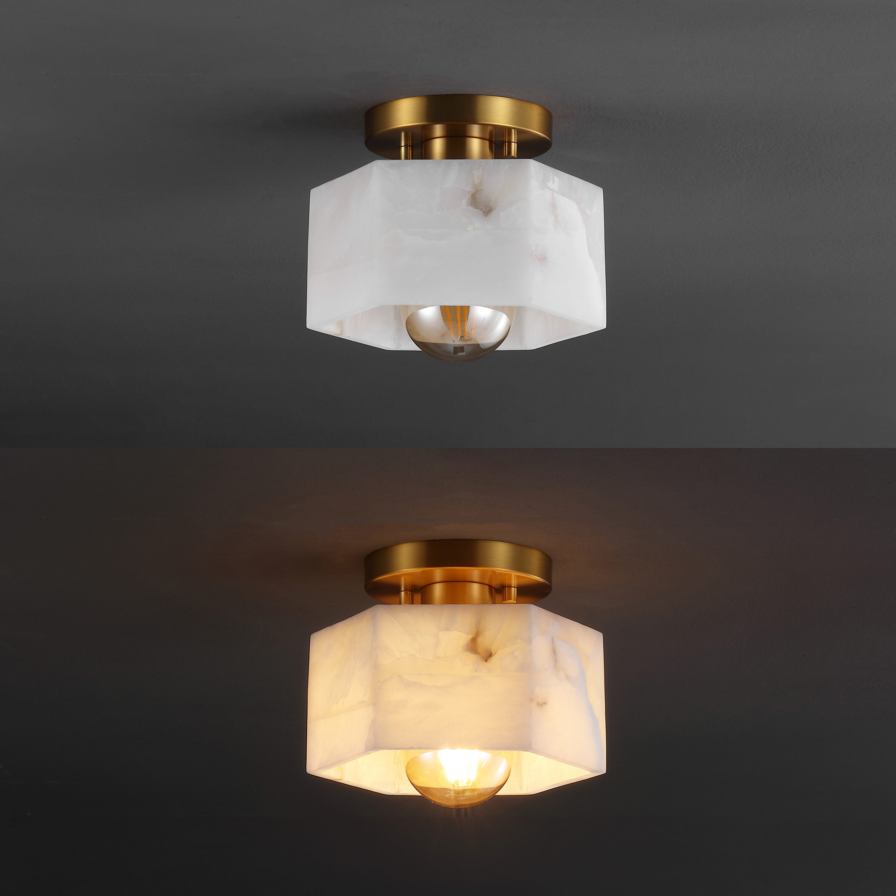 Tessa 8" White Marbling Brass LED Semi Flush Mount Light