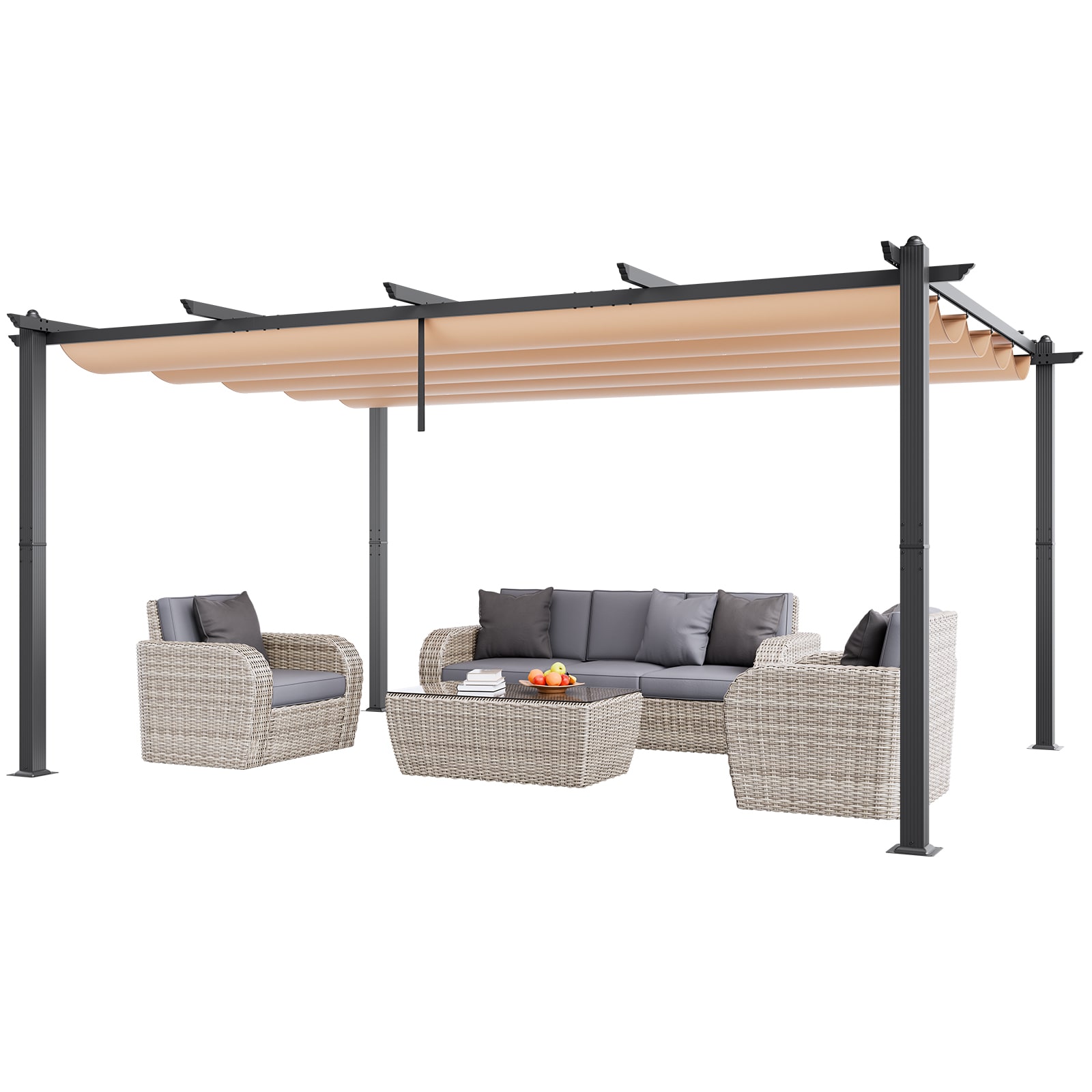 VEVOR SCPDSSLPKSSR07120V0 12ftx16ft Outdoor Retractable Pergola with Canopy  Aluminum Pergola with Retractable Canopy  Modern Pergola with Sun Shade Canopy for Patios  Gardens  Decks  Backyards (Beige)