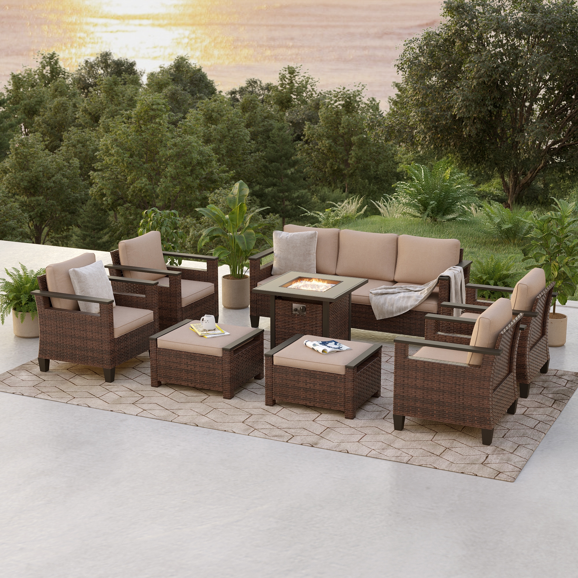 ACEGOSES LW-126BSD-S2T4 Skytop 8 -Piece Wicker Patio Sofa Conversation Set with Beige Cushions