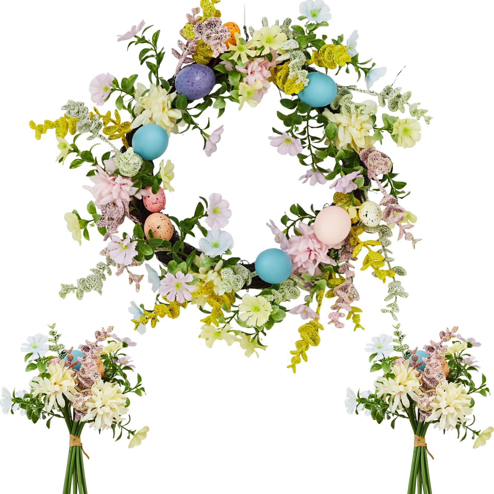 GarveeLife 18in Spring Flower Wreath with Easter Eggs and Lush Greenery Artificial Floral Door Wreath on Real Rattan Base Includes 2 Matching Bouquets