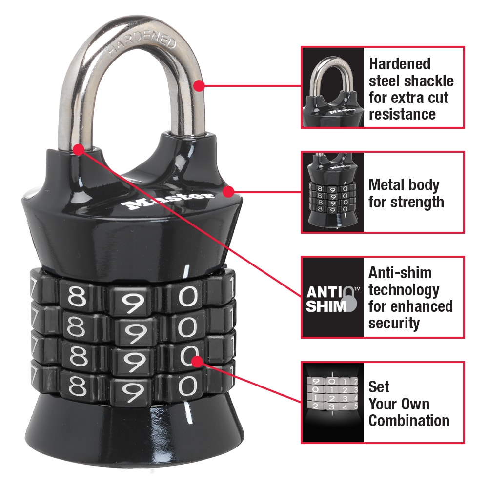 Master Lock 1175D, Combination Padlock, Resettable Bottom-Dial Location,  1-1/16 Inch Shackle Height, 6MCR0