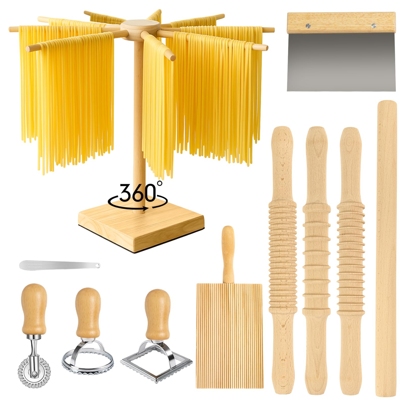 DHMHD LDH0825X289 11 Piece Pasta Making Kit with Three Threaded Rolling Pins Long Rolling Pin Rotatable Pasta Drying Rack Gnocchi Board Dough Cutter and