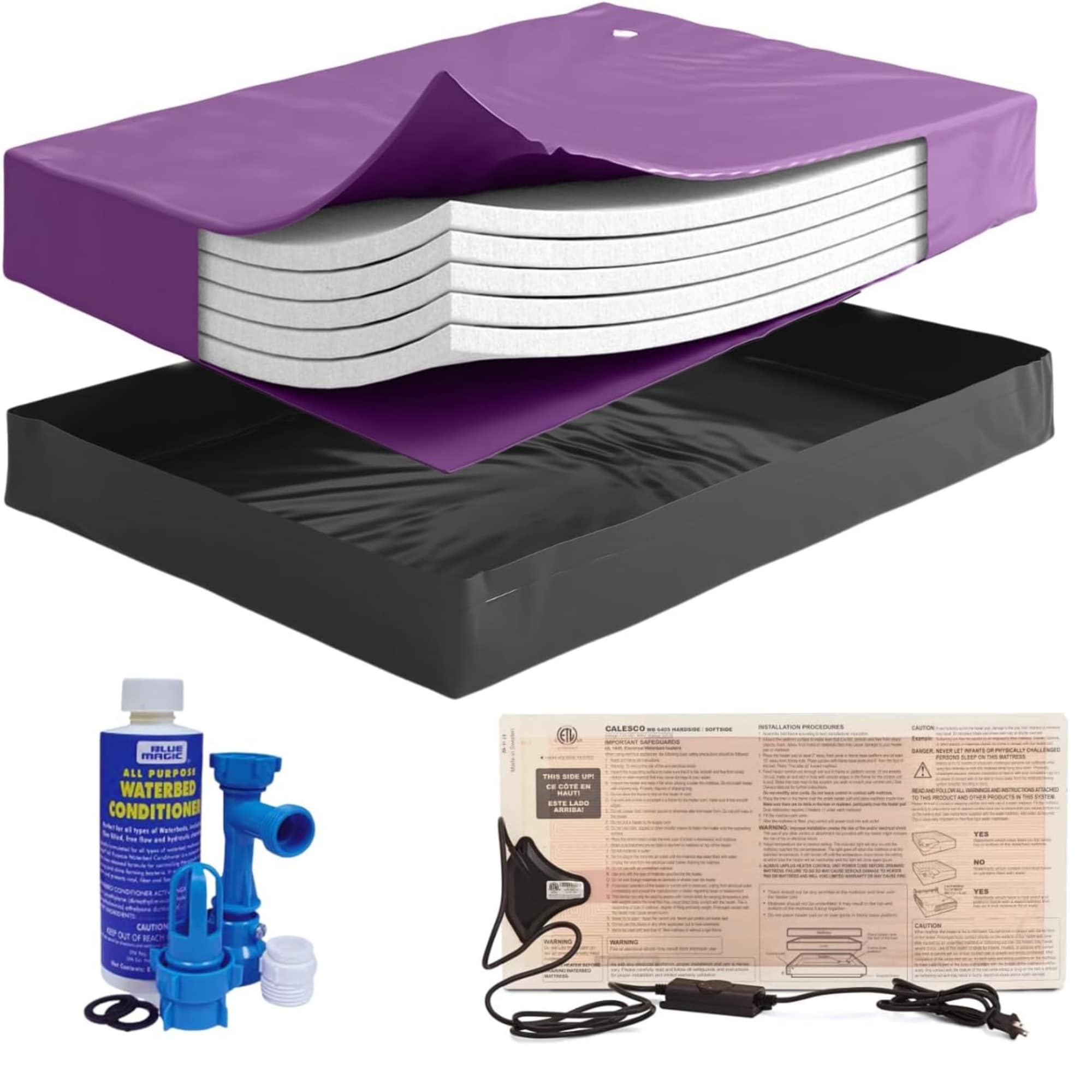Boyd Sleep Blue Magic 90 Percent Waveless Hardside Waterbed Mattress Bundle with Four Wave Reducing Fiber Layers - 300W Heater - Liner - Fill/Drain Kit and Conditioner - Super Single Size #MT00717KSS