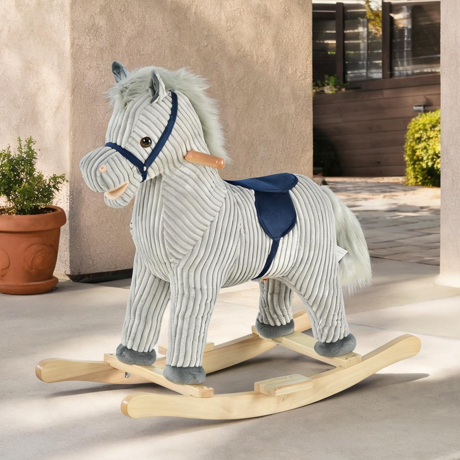 Naturefalls Plush Corduroy Rocking Horse with Sound Effects Neutral Gray Wood and Steel Frame for Ages 3-6 one_size | QLQIOAG63HRR