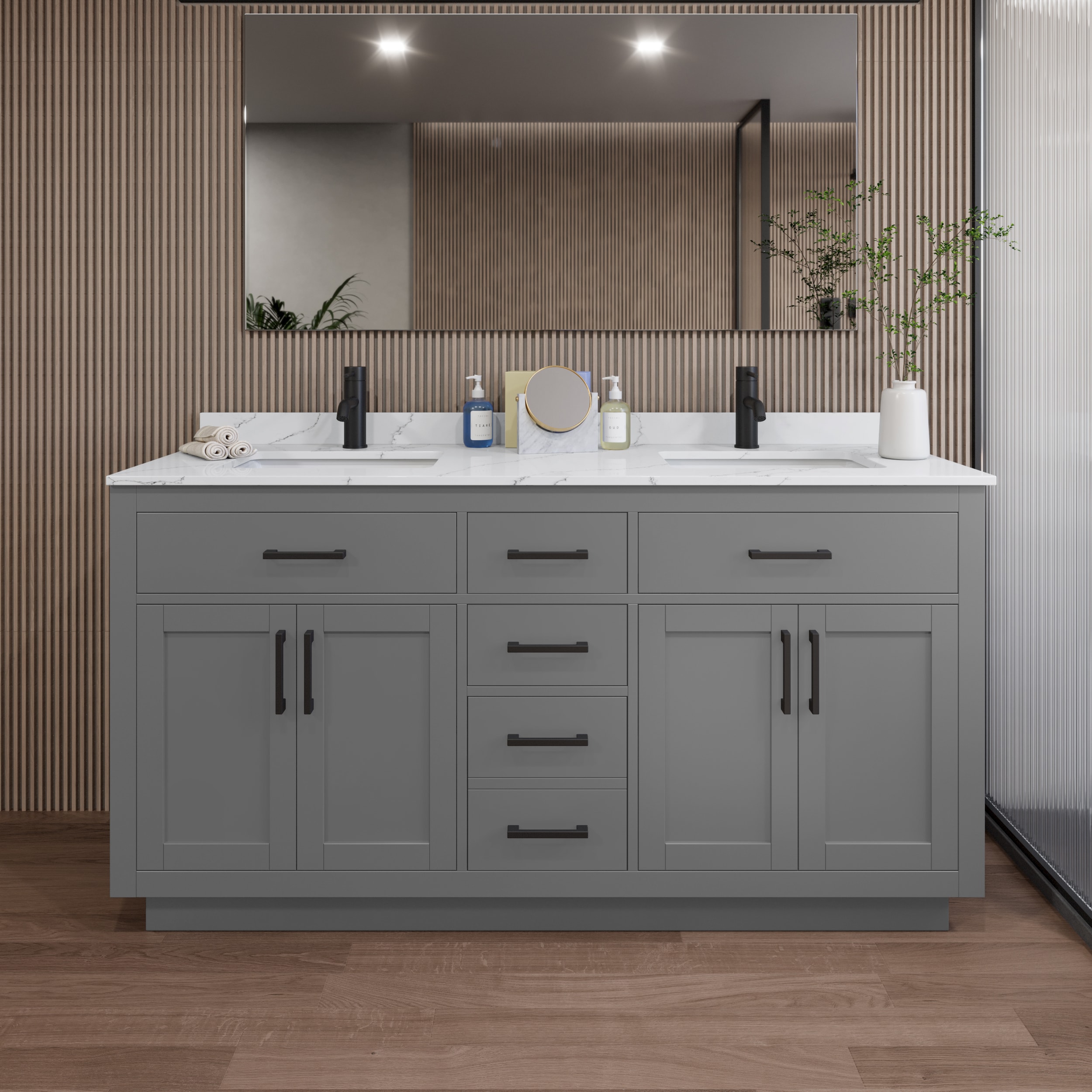 Wyndham Collection WCG262666DGBGTUNSMXX Beckett TK 66-in Dark Gray with Matte Black Trim Undermount Double Sink Bathroom Vanity with Giotto Quartz Quartz Top