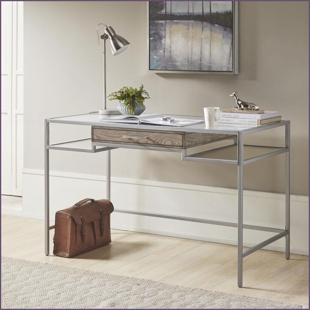 SunJet Desks Madison Park Adela Contemporary 48inW Metal Writing Desk with Tempered Glass Top Drawer Antique Silver Wood