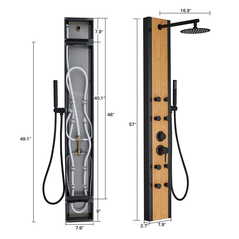 BWE Black Bamboo Shower Tower System With 3-way Diverter In The Shower ...