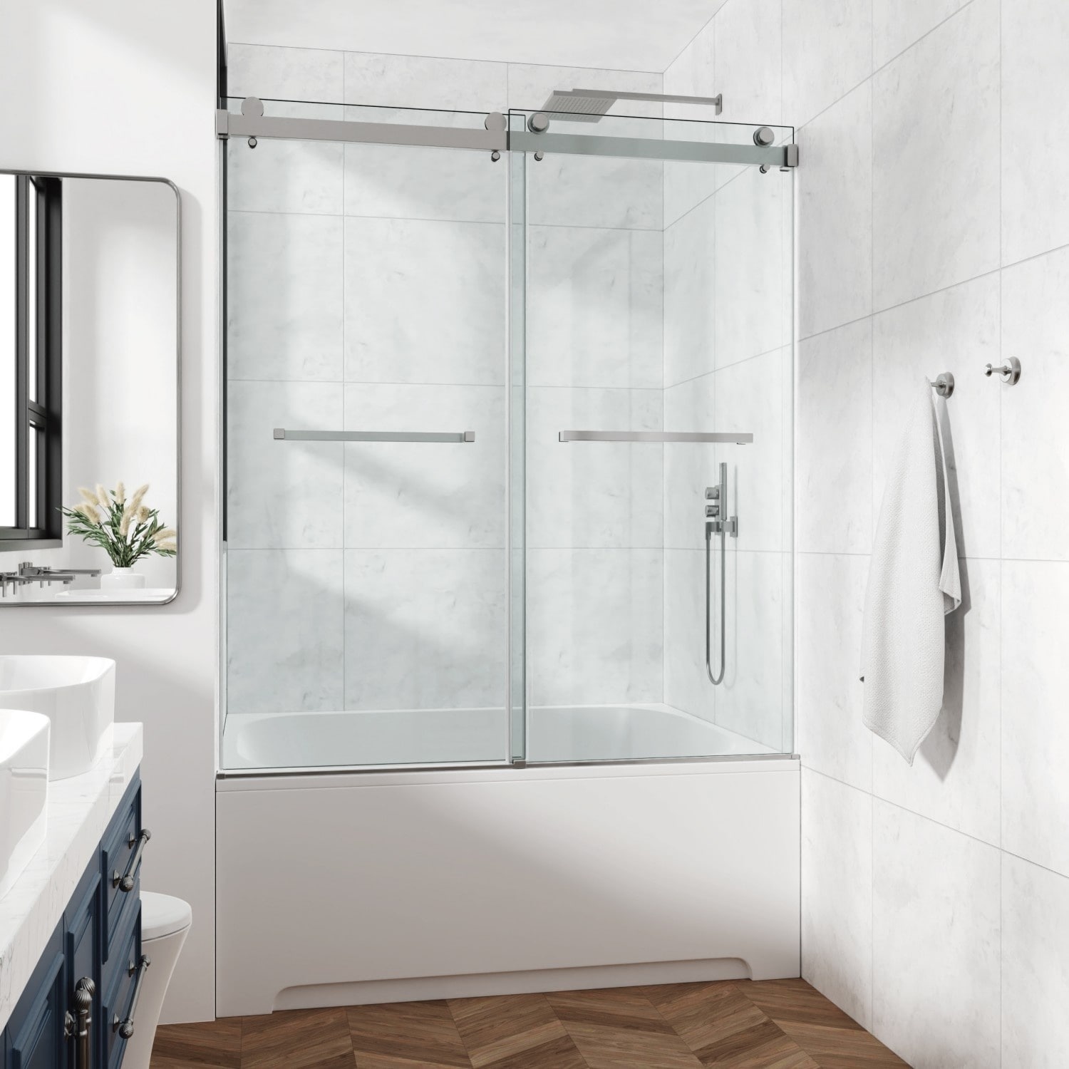 LIVACA 66 inch x 79 inch Brushed Nickel Frameless Double Sliding Shower Door with 3/8 inch SGCC Tempered Glass and Stainless Steel Hardware