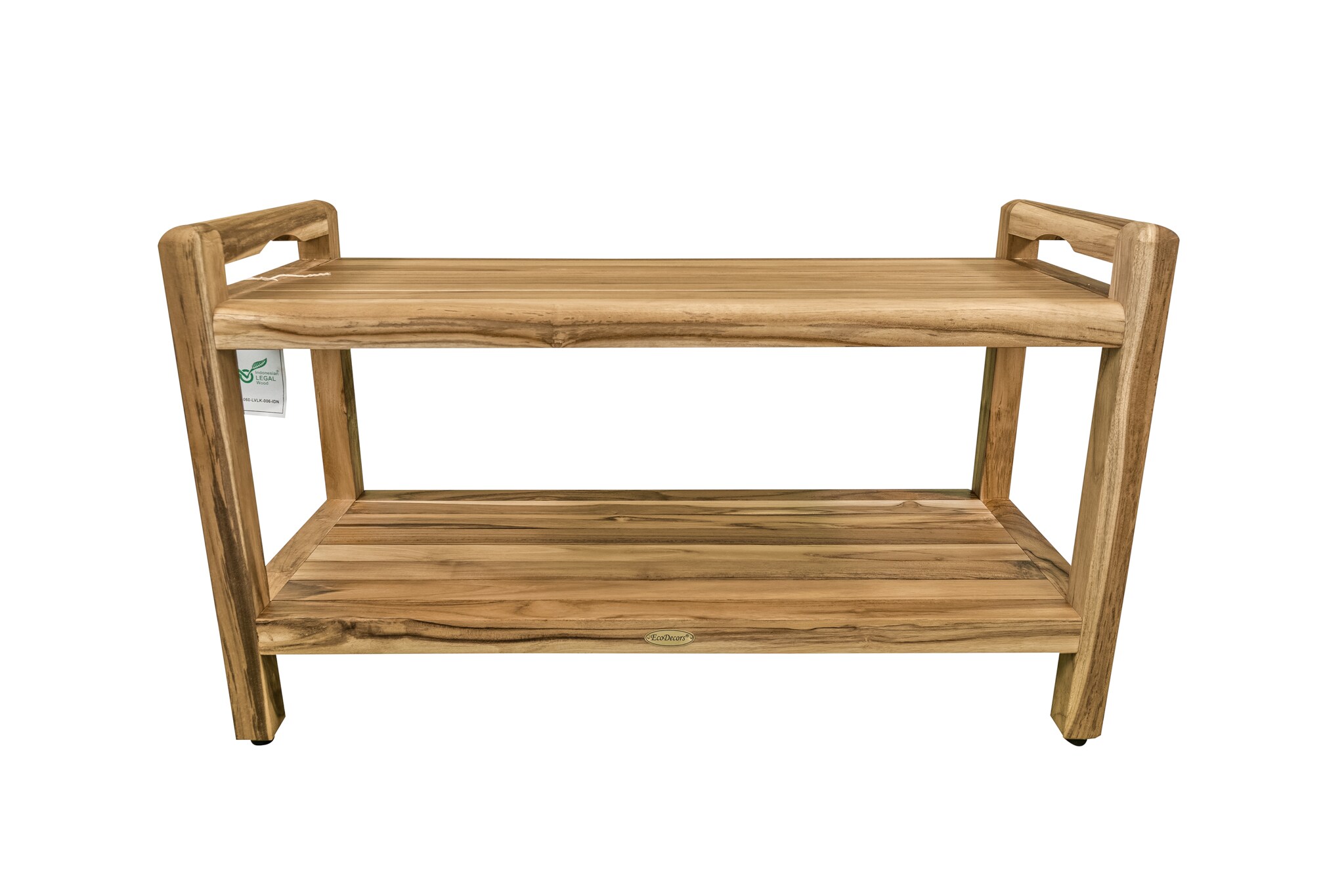 Teak Freestanding Shower Bench with Shelf and LiftAide Arms