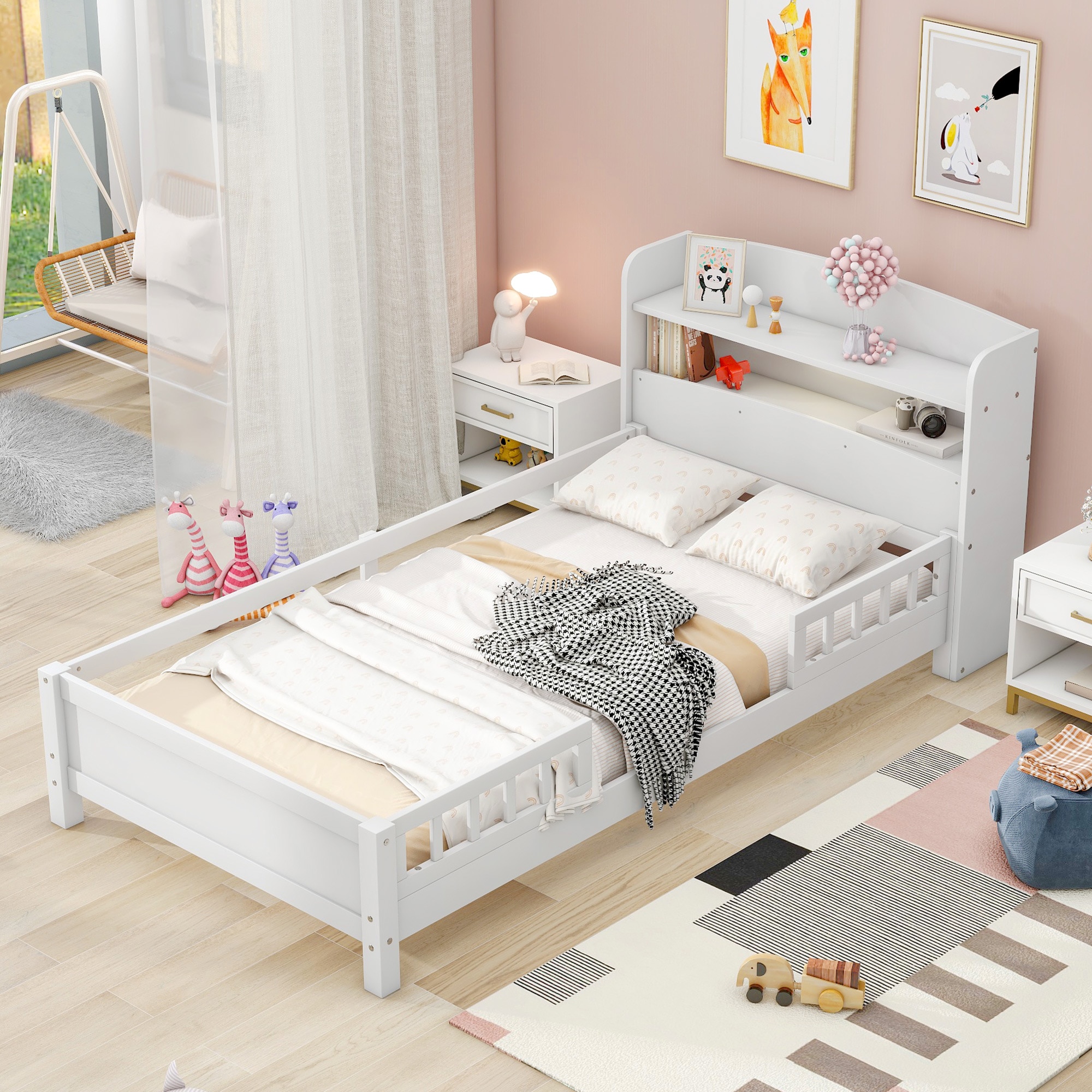 EXTRAUP YHLWF308150AAK White Twin Wood Bed frame Bed with Storage