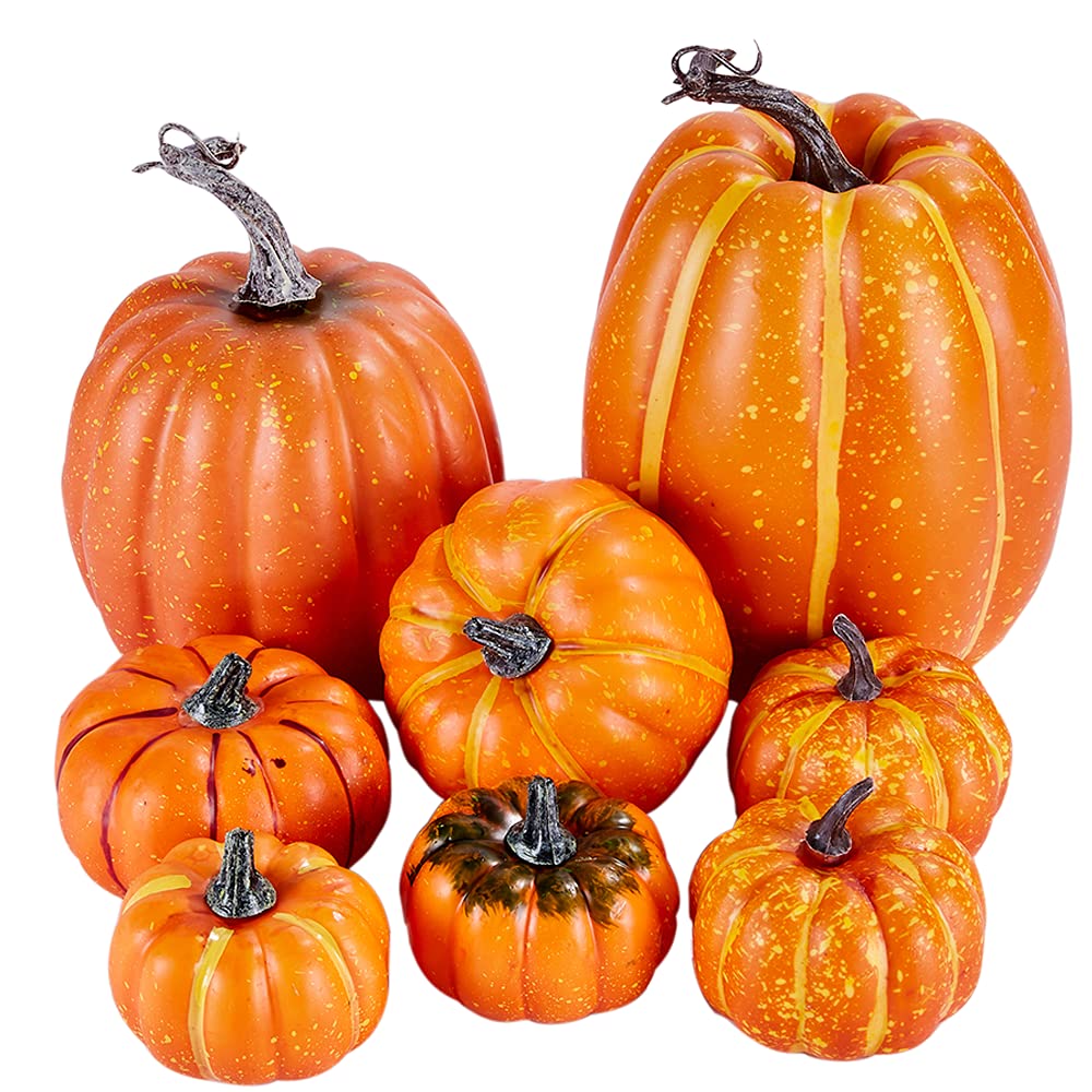 Misopily  8 Pcs Assorted Sizes Harvest Orange Artificial Pumpkins for Fall Halloween Thanksgiving Decorating Embellishing and Displaying