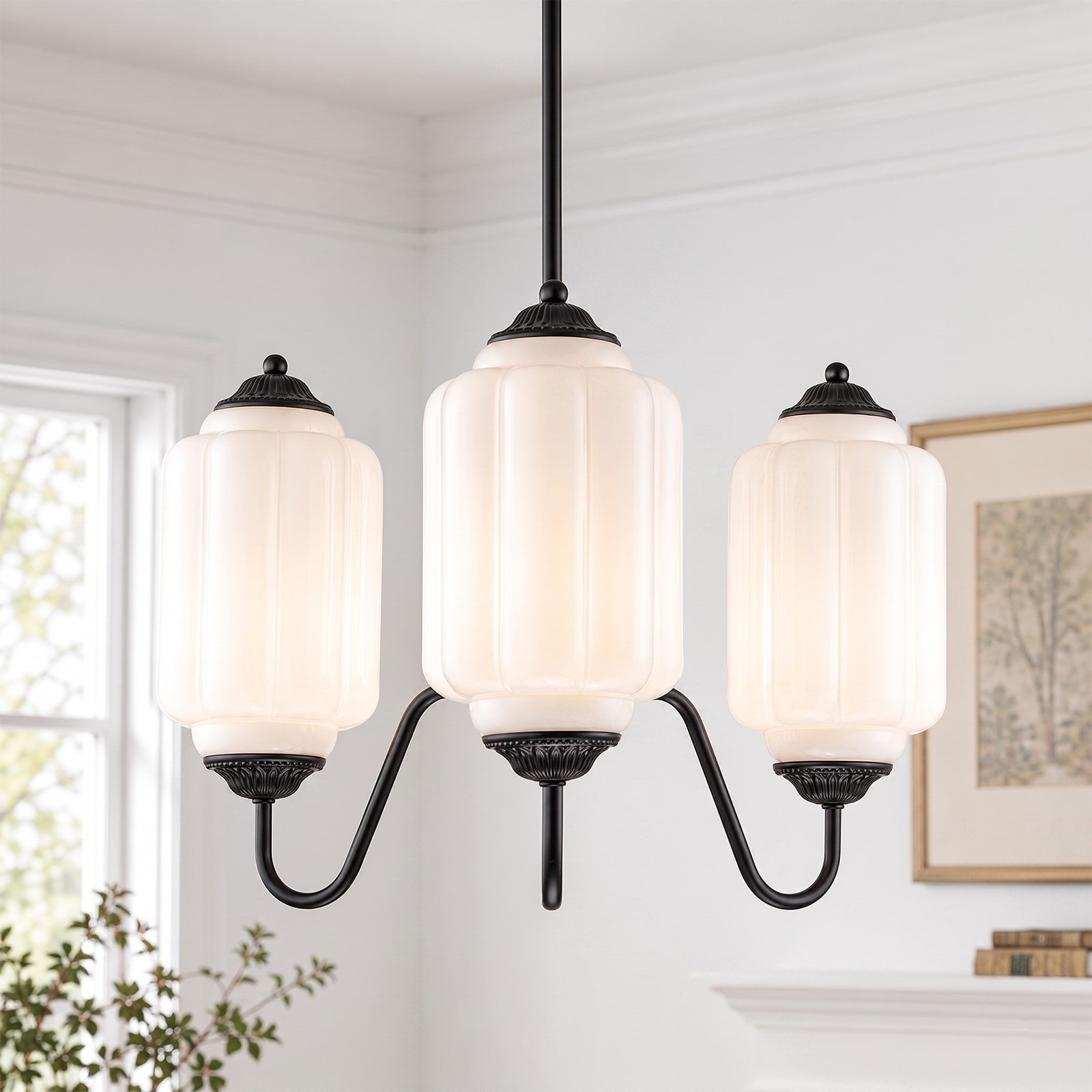 Rennnsan Amia 3 -Light Matte Black Industrial White glass Cylinder Medium Hanging Pendant Light