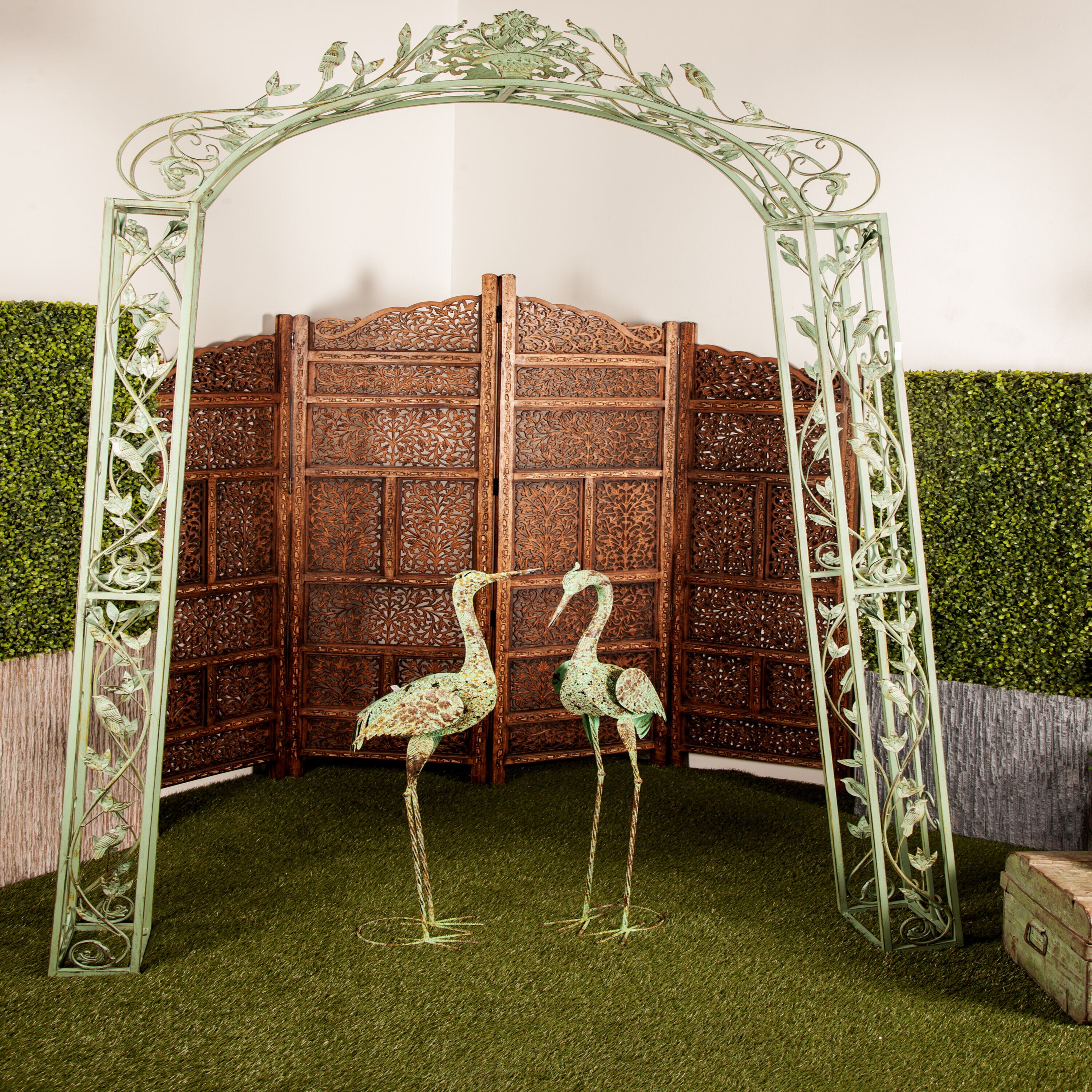 Green Wrought Iron Scrollwork Arched Garden Arbor with Bird Sculptures