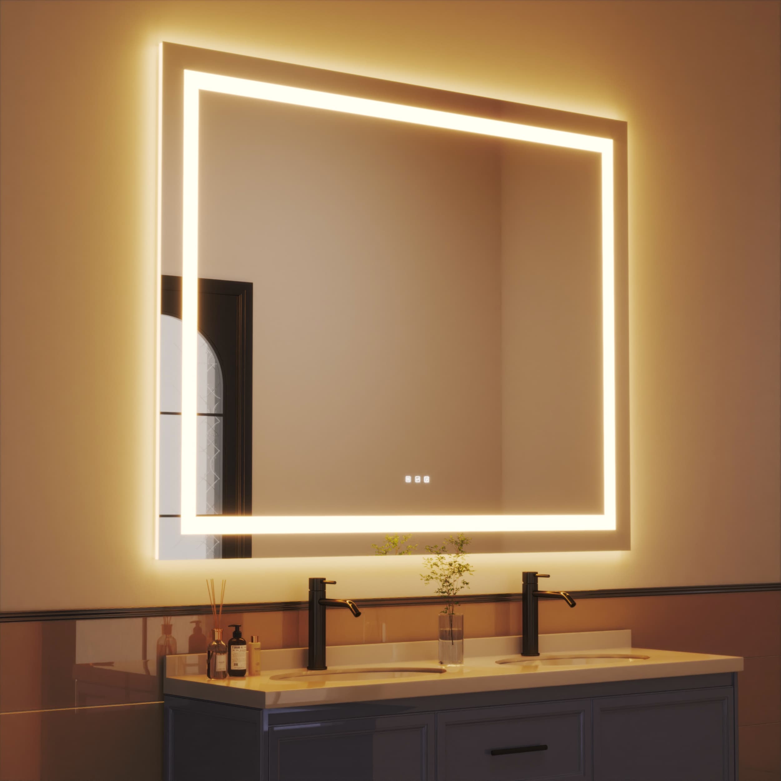 waterpar WPLO-2318 Backlit + Frontlit 60-in x 48-in Polished Frameless Rectangle Dimmable Lighted Fog Free Bathroom Vanity Mirror ( Clear )