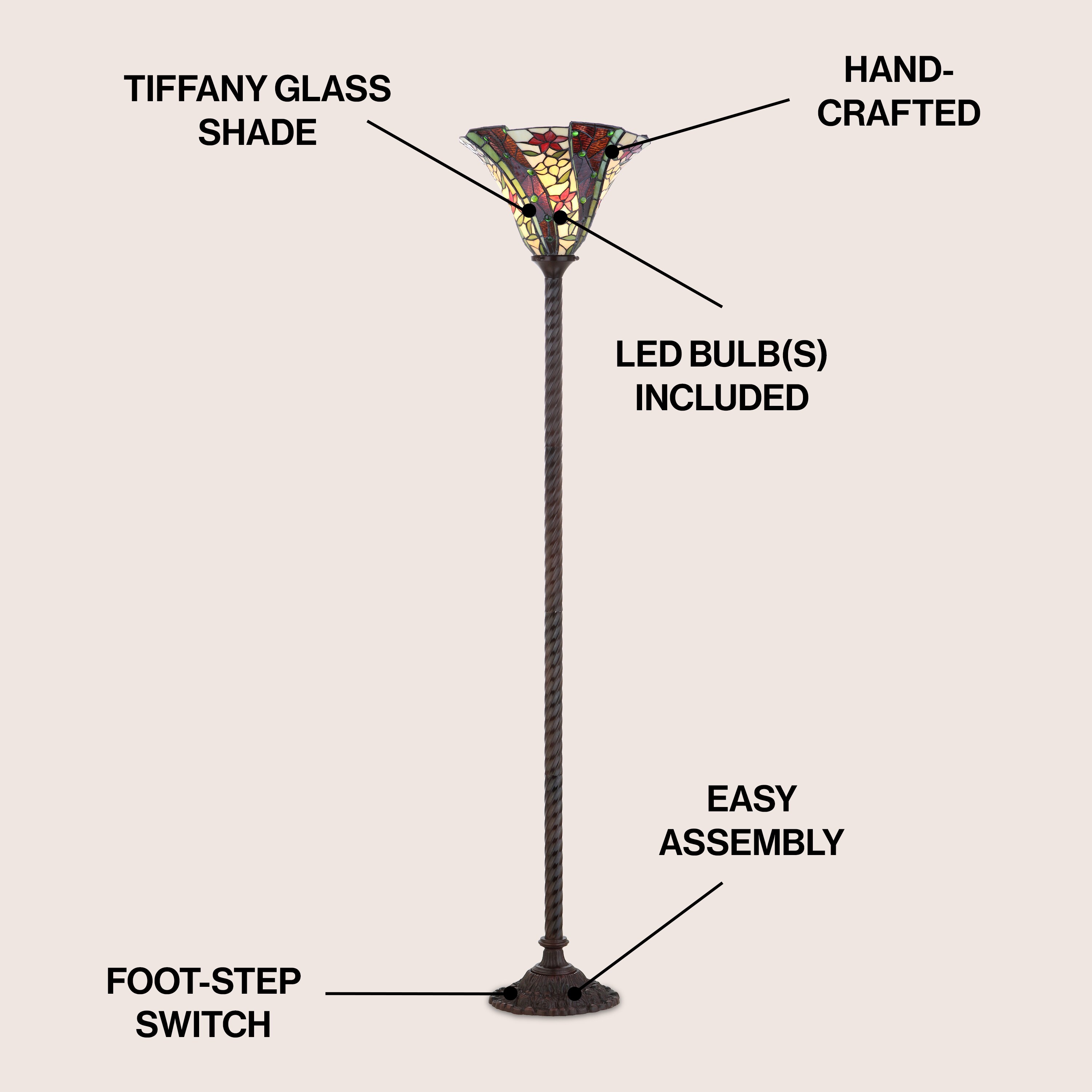 Williams 71" Bronze Torchiere with Stained Glass Shade
