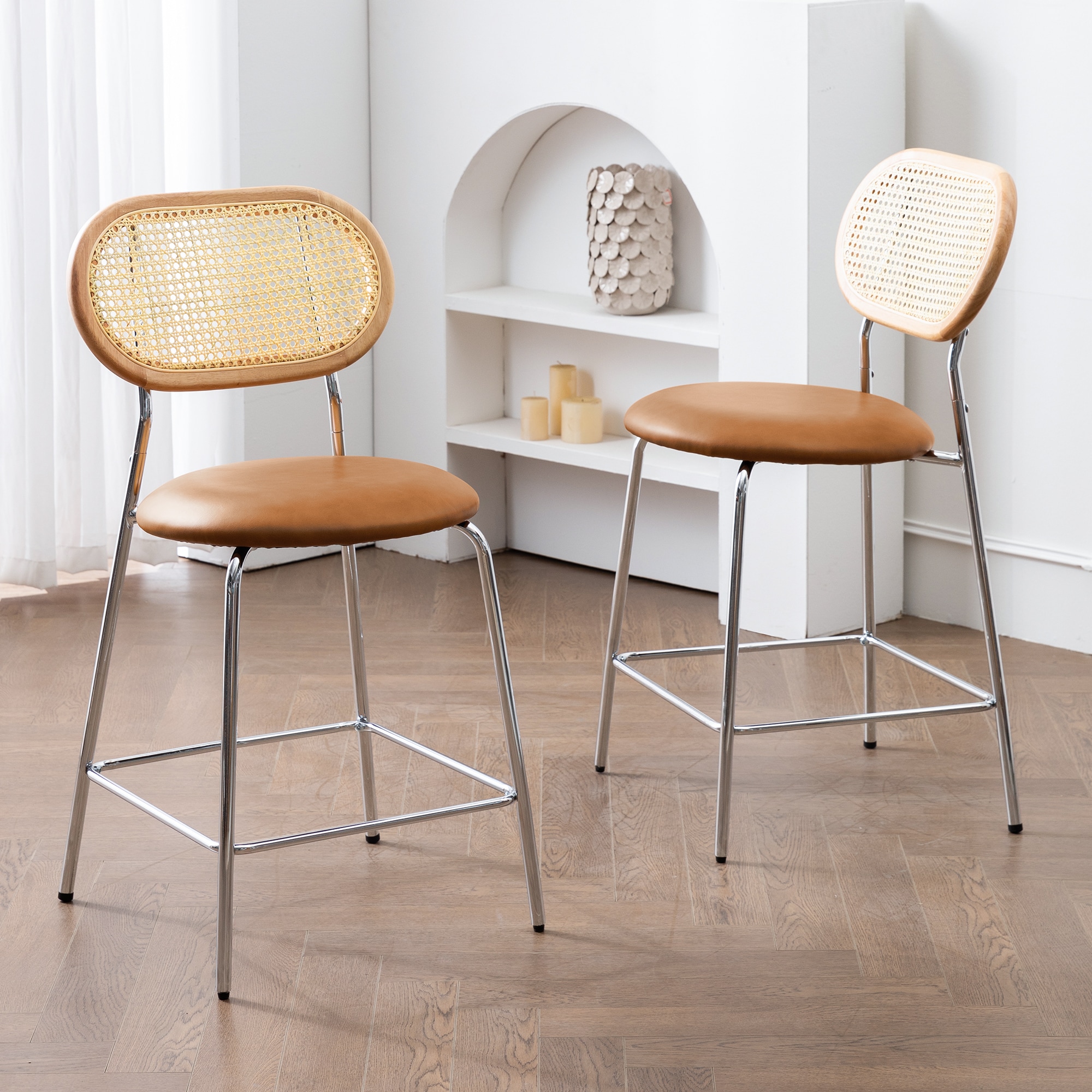 LUE BONA 2LB21CH0028-800LS Set of 2 Brown 24-in H Counter height (24-in to 27-in) Round Seat Upholstered Metal Back Bar Stool Back