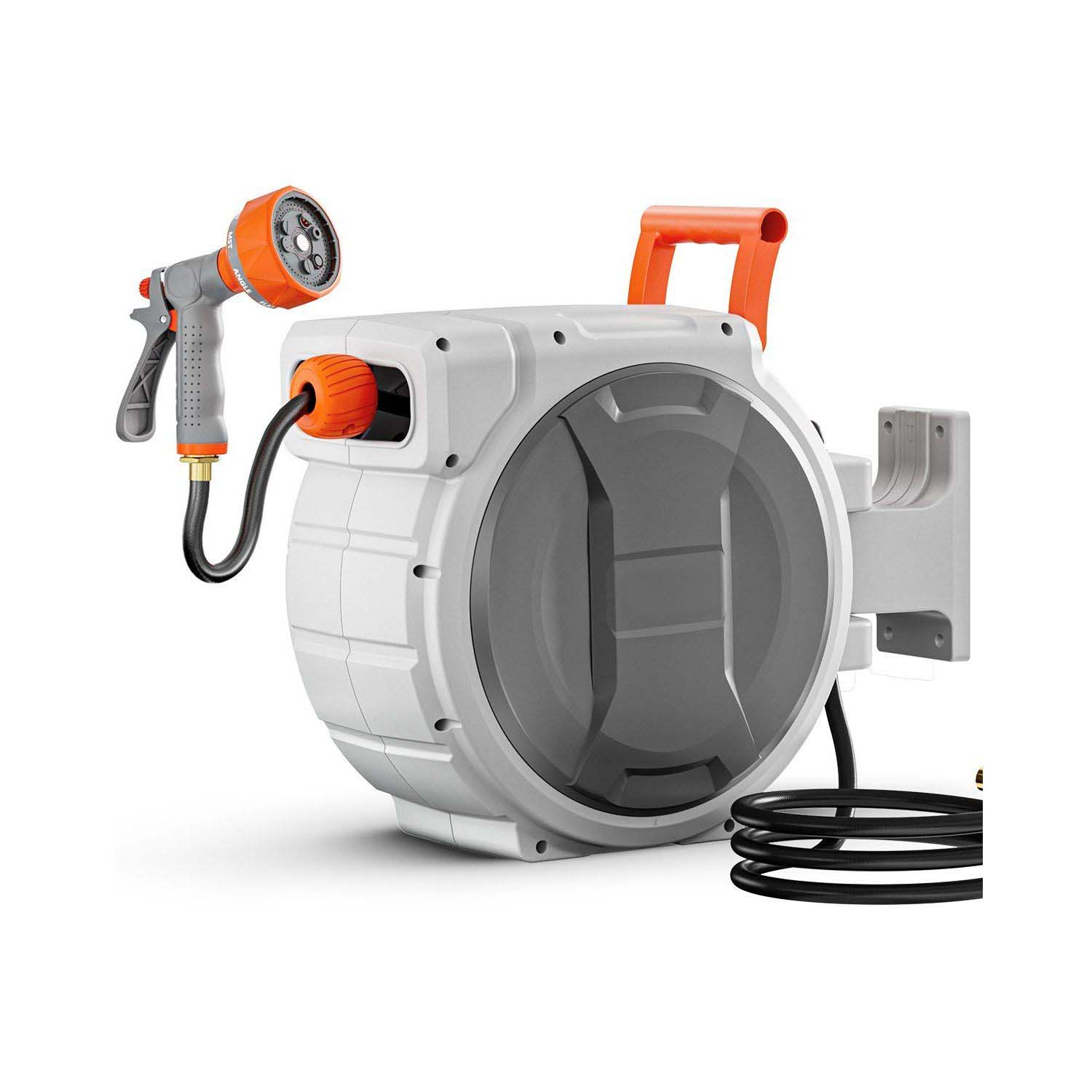 Slickblue Wall Mounted Retractable Garden Hose Reel with Auto Rewind System 180 Degree Swivel Bracket and Spray Nozzle for Lawn or Garden - Available in Different Hose Length Sizes