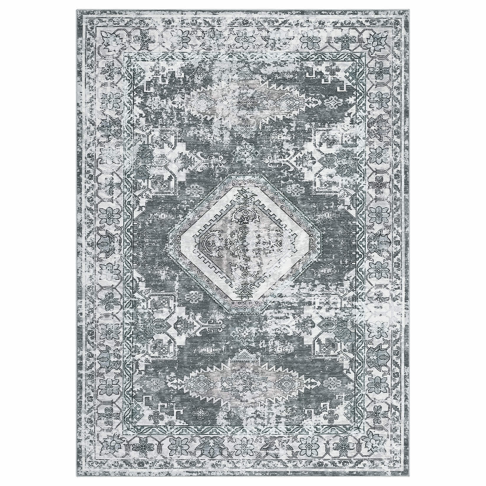Qeetex LSN-PHO-15YL24KU 6 x 9 ft Polyester Cashmere Gray Rectangular Hallway Bathroom Entryway Kitchen Office Foldable Flower Printed Modern Washable Area Rug