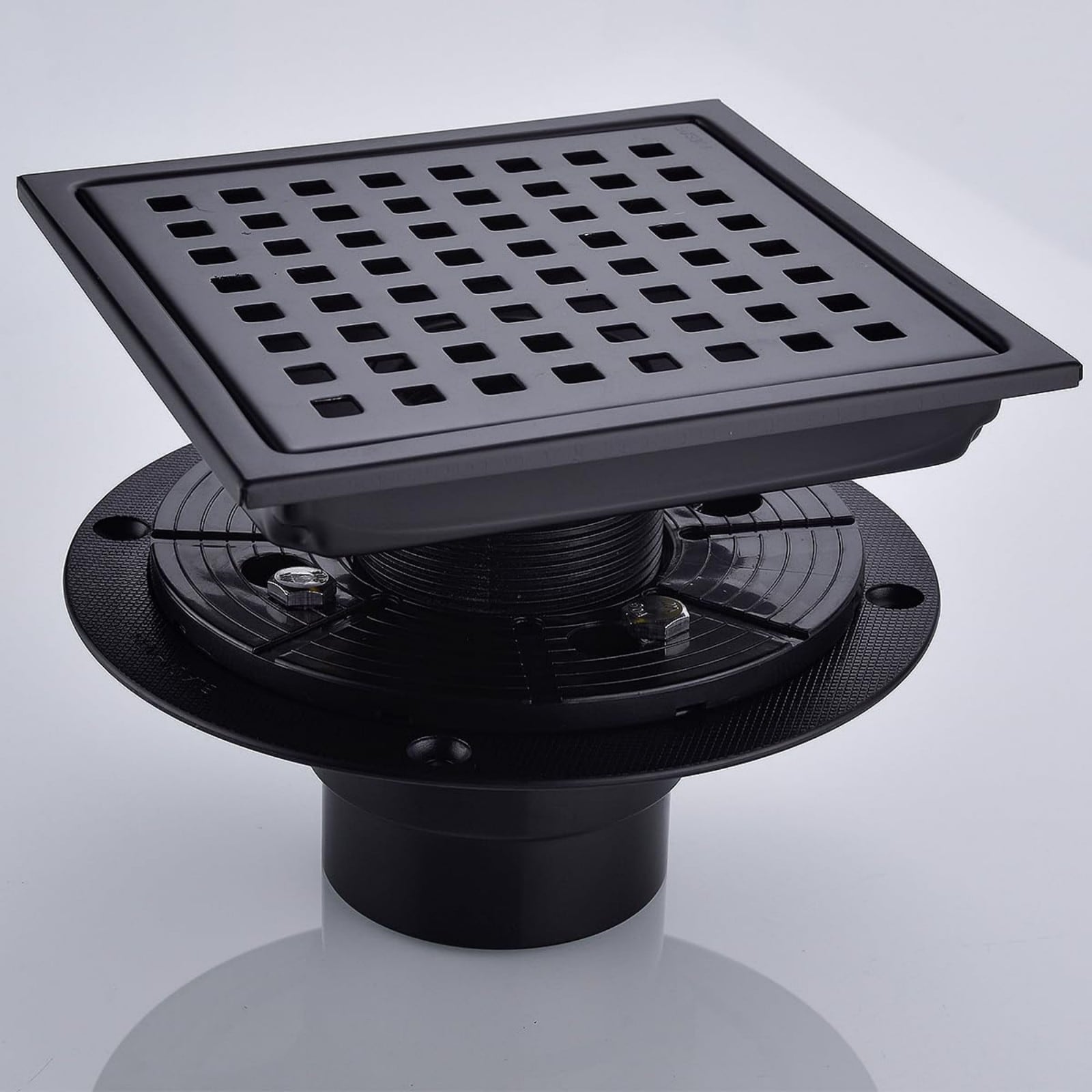 Numhew 6in Square 1-Grid Matte Black Shower Floor Drain Kit with Flange Removable Grate Hair Strainer