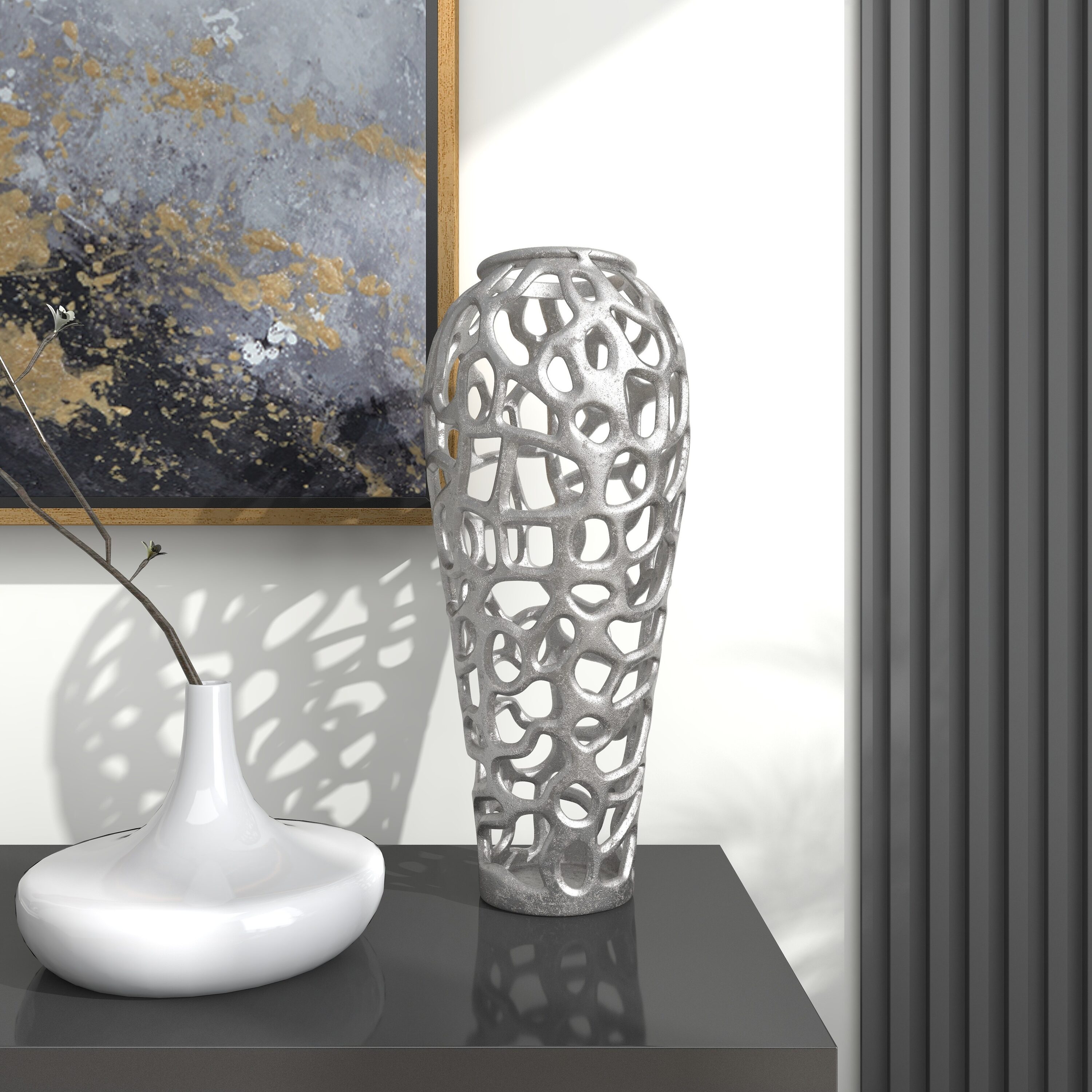 Elegant 19'' Silver Aluminum Bouquet Vase with Hole Design