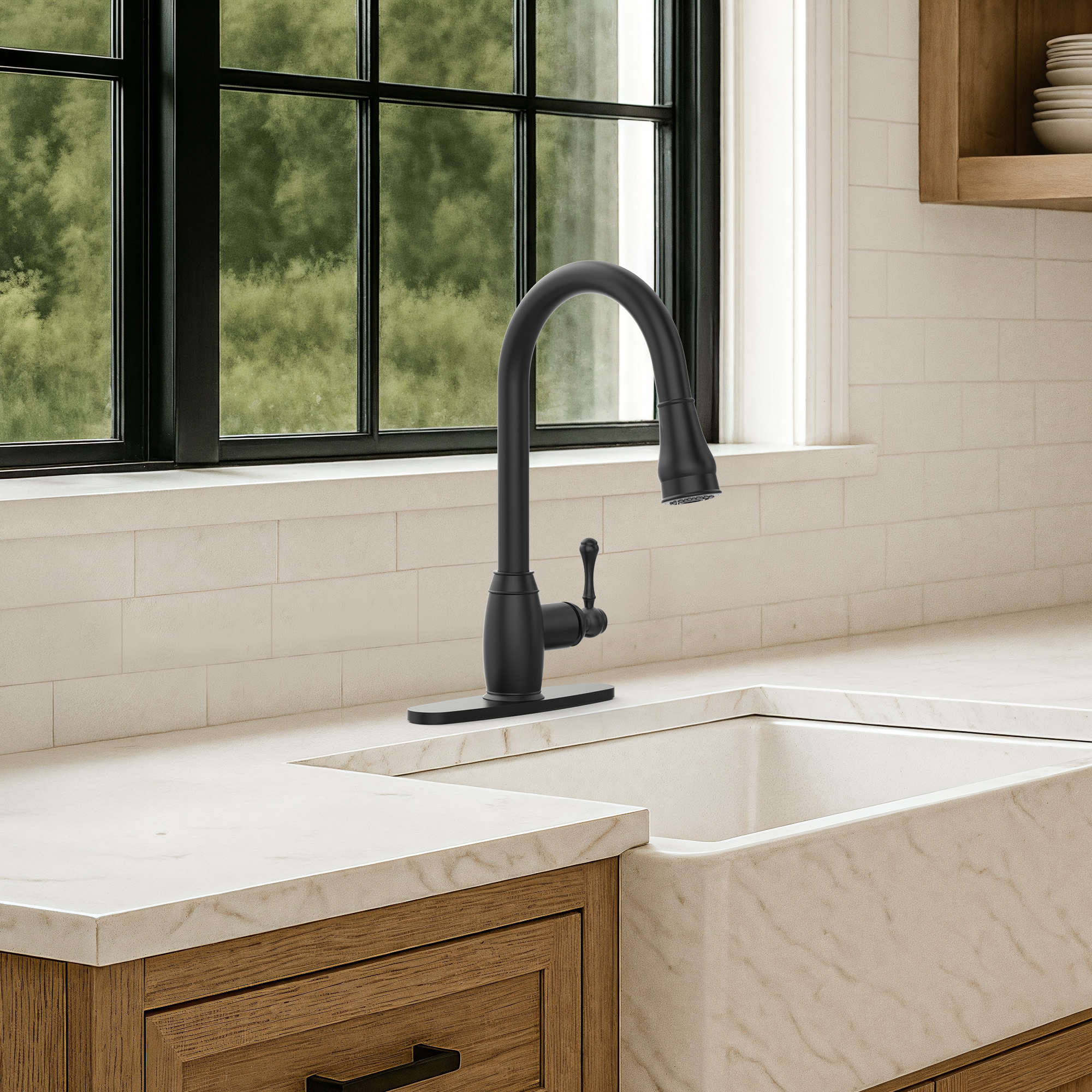 YAWWALK  Matte Black 1-Handle Deck-Mount Pull-Down brass body 2-Function Kitchen Faucet with Sprayer(Includes Deck Plate)