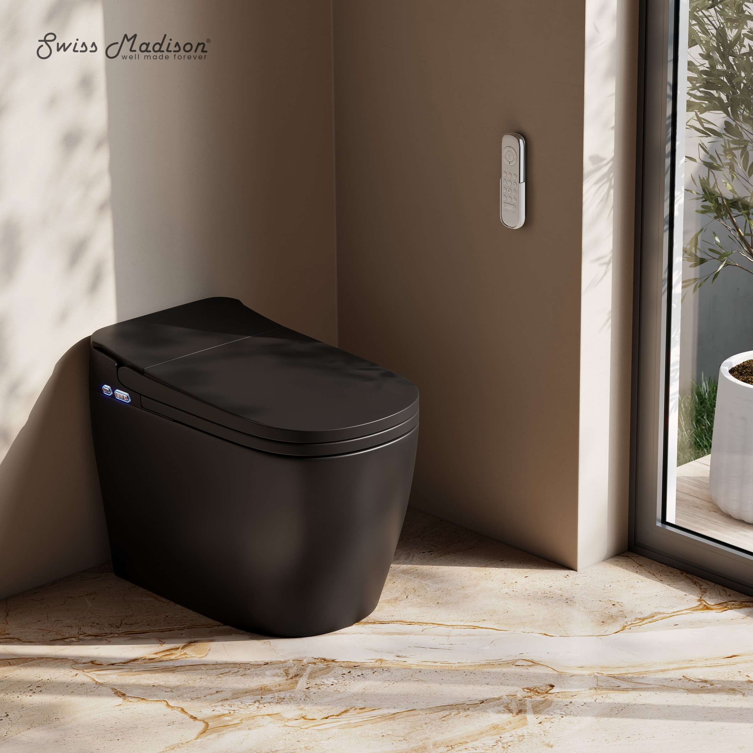 Swiss Madison SM-25-STVIC01MB Vicenza Matte Black Elongated Standard height 12-in Rough-In 1.28 GPF Single Slow Close Feature 1-piece Bidet Function Toilet