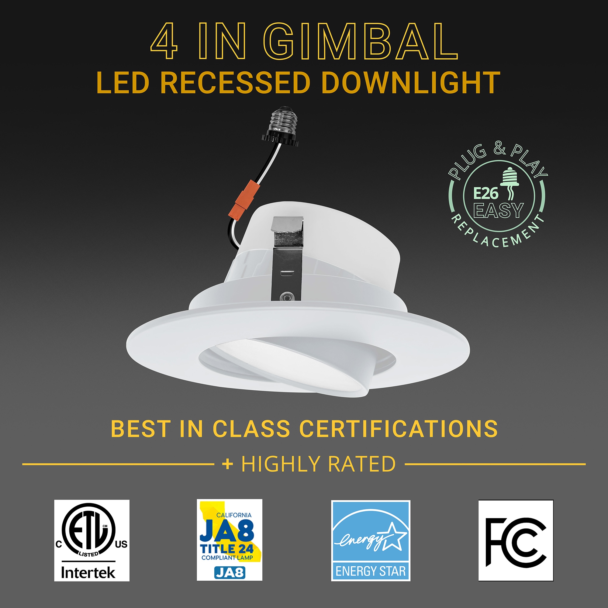 White Aluminum 4 Inch LED Recessed Gimbal Downlight, 6 Pack