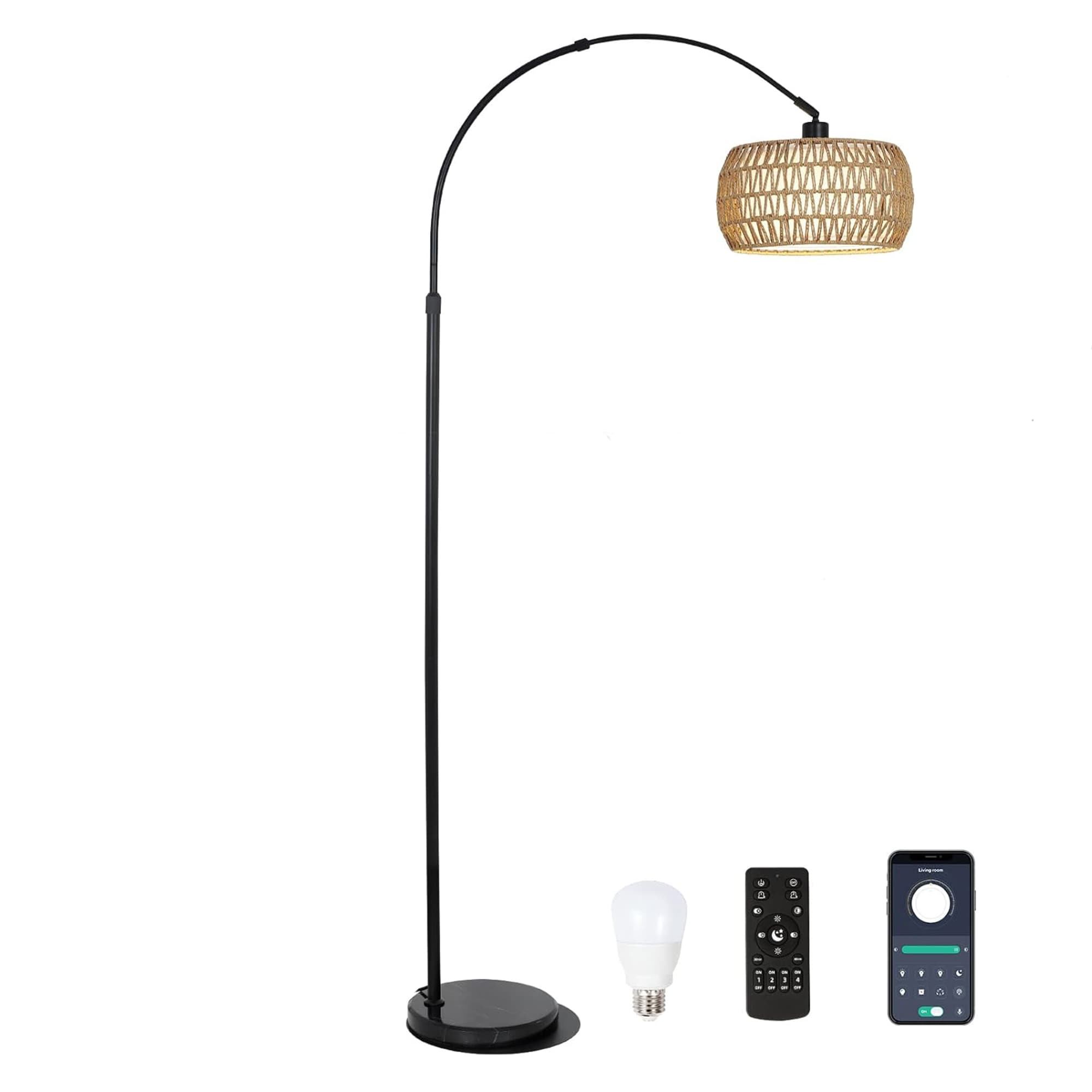 SINOFURN SYB510023WT 72.8-Inches Black Arc Floor Lamp with Rattan Shade