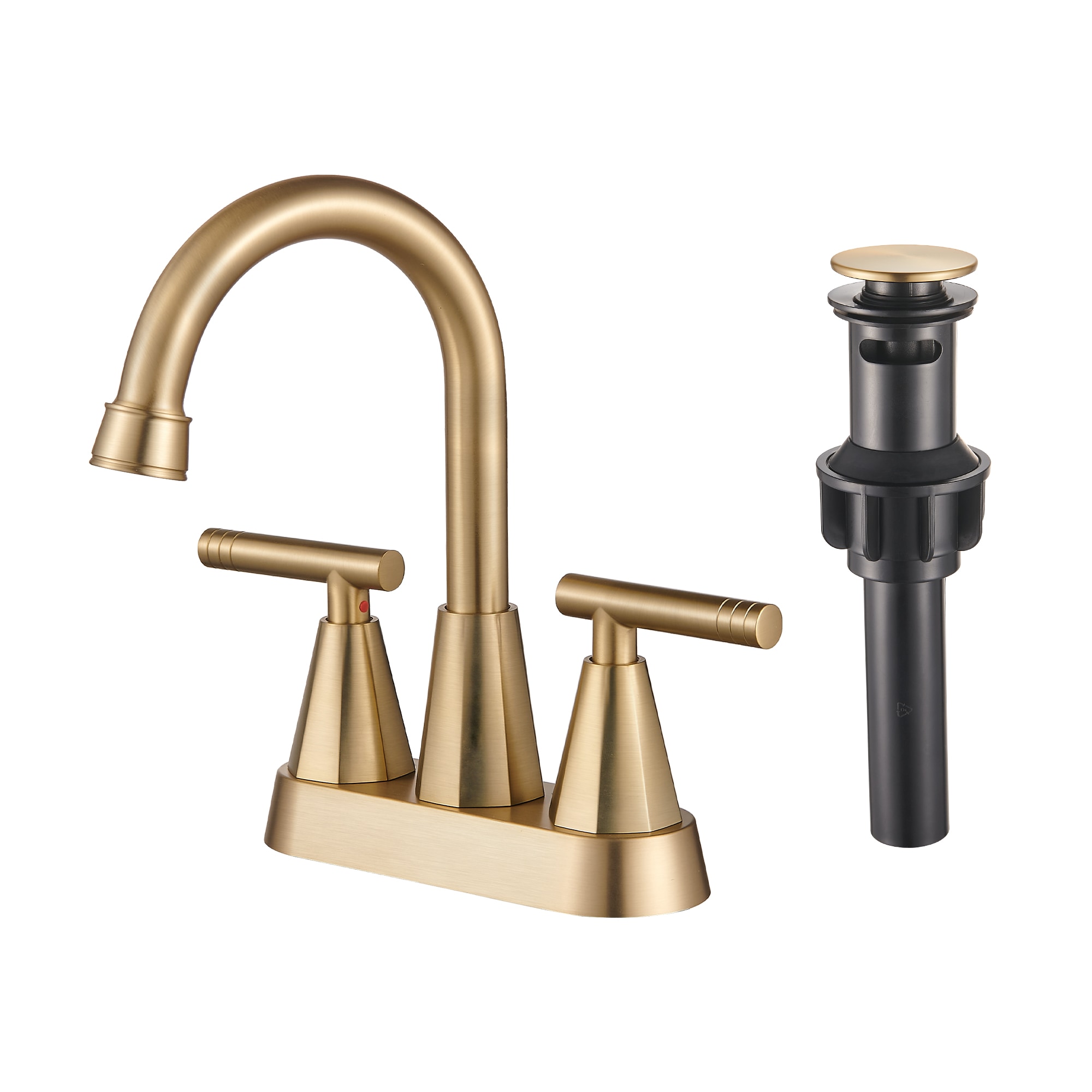 Zalerock L2BF64 Gold 2-hole 2-handle Low-arc Residential Handle Bathroom Sink Faucet with Drain with Deck Plate