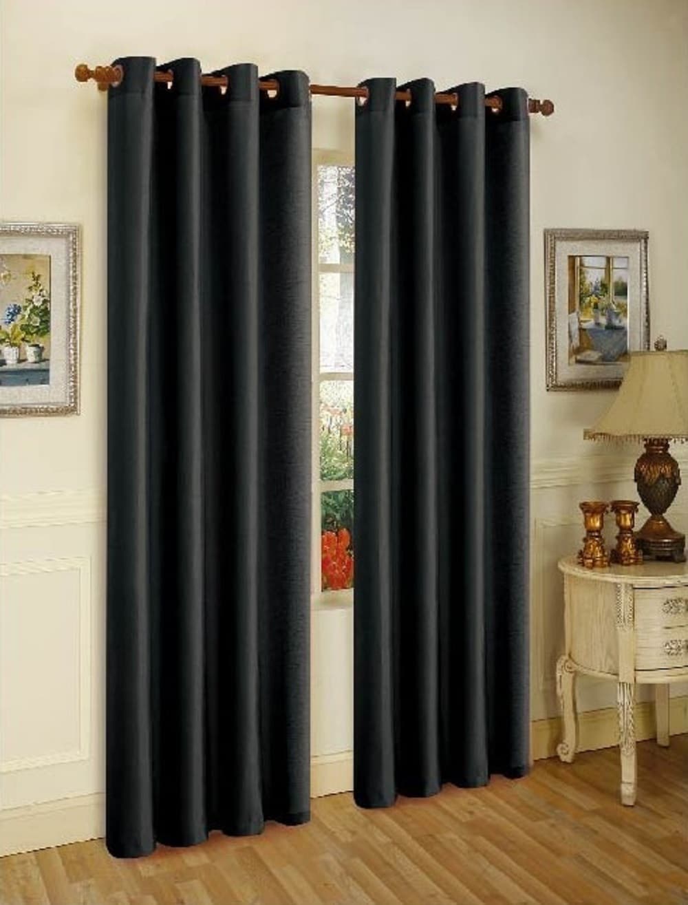 J&V TEXTILES 2-MIRA BLACK 84-Inches Outdoor Black Semi-sheer Standard lined Grommet Curtain panel pair