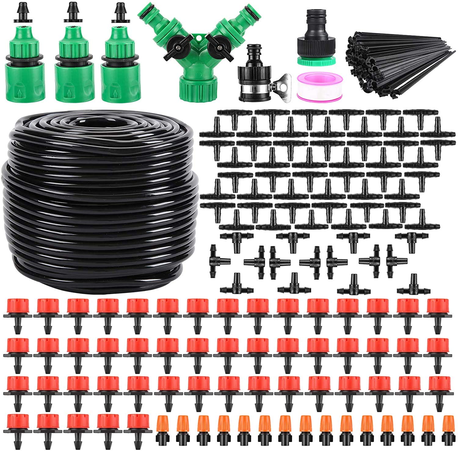Misopily  Garden Automatic Irrigation Kit 164FT Tubing 200 Pack Adjustable Drippers Nozzles Quick Connectors for Lawn Patio Greenhouse Flower Bed