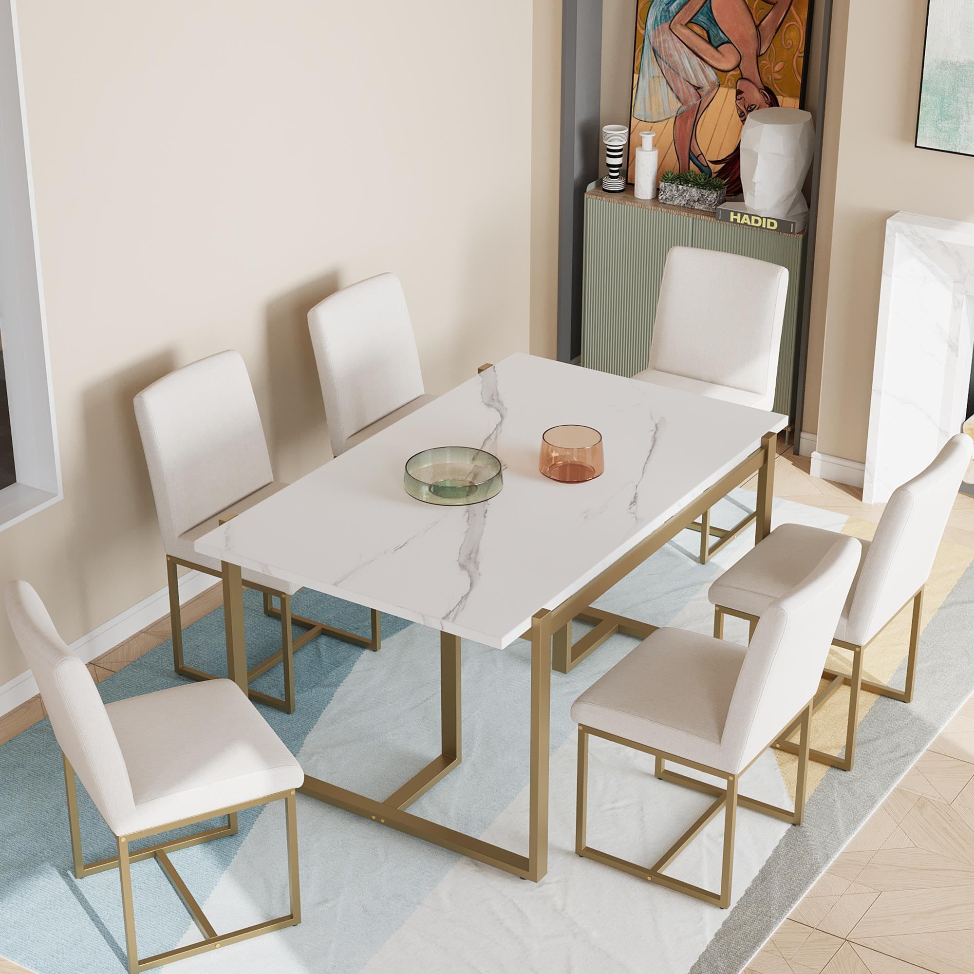ModernLuxe L-SP000068AAK Modern Dining Table Set for 6 Golden+White Contemporary/Modern Dining Room Set with Rectangular Table ( Seats 6 )