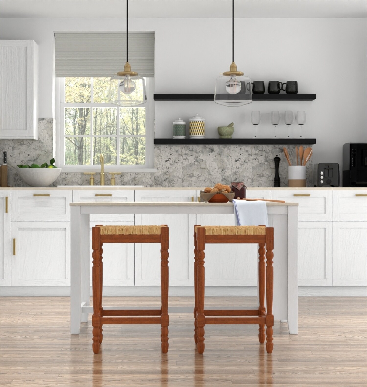Elegant Backless Walnut Wood Counter Stool with Handwoven Seat