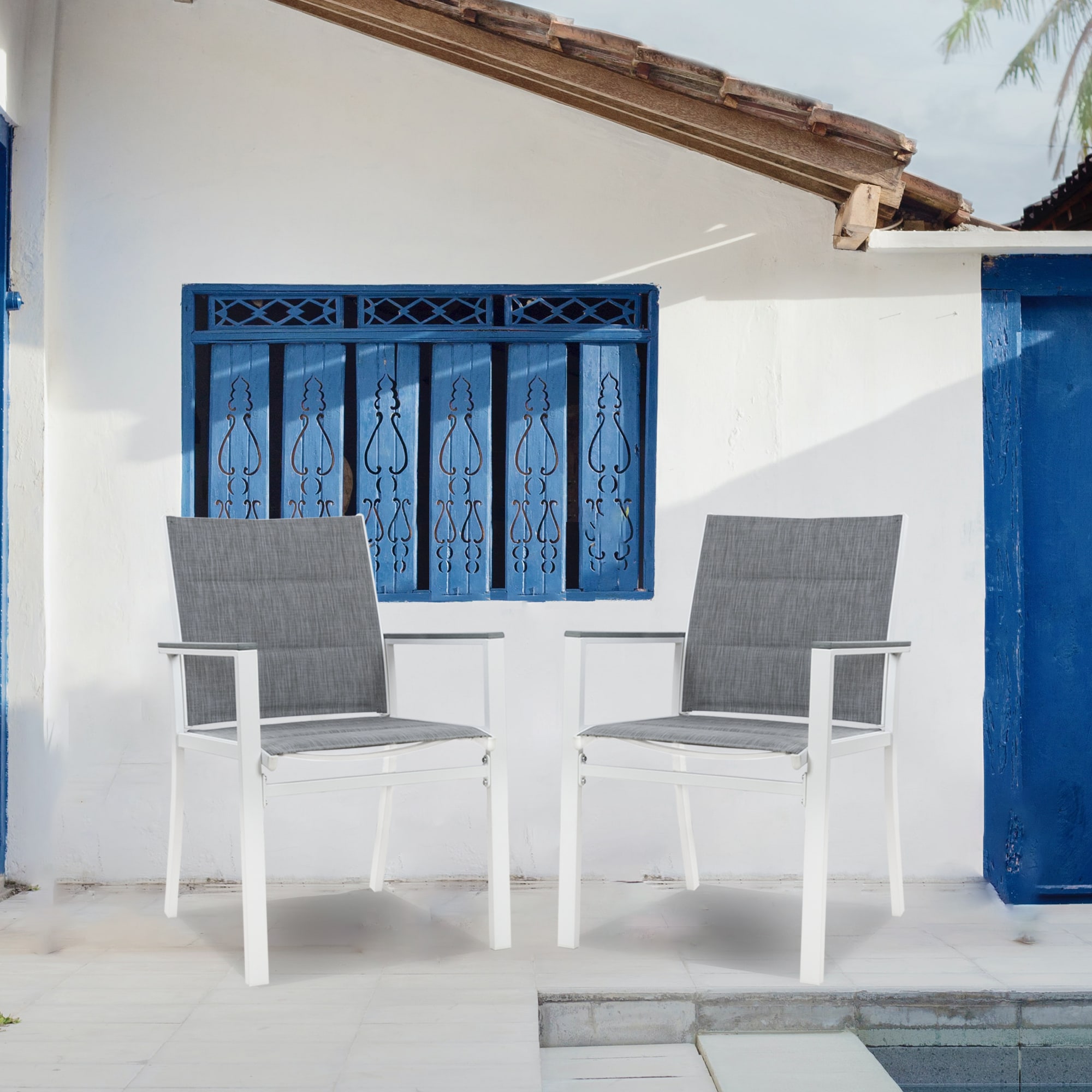Brown Powder-Coated Aluminum Dining Chair with Gray Cushions - Set of 2
