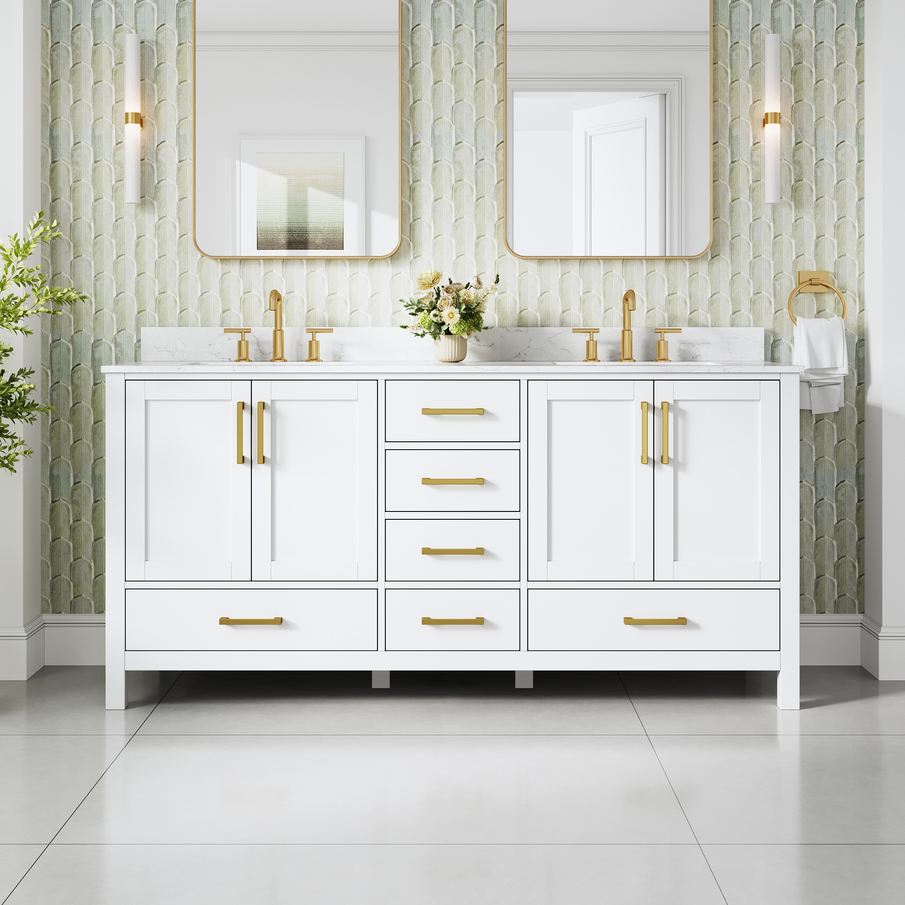 Iseryn - Assembled 72-in White-Gold Handle Undermount Double Sink Bathroom Vanity with Carrara Wh...