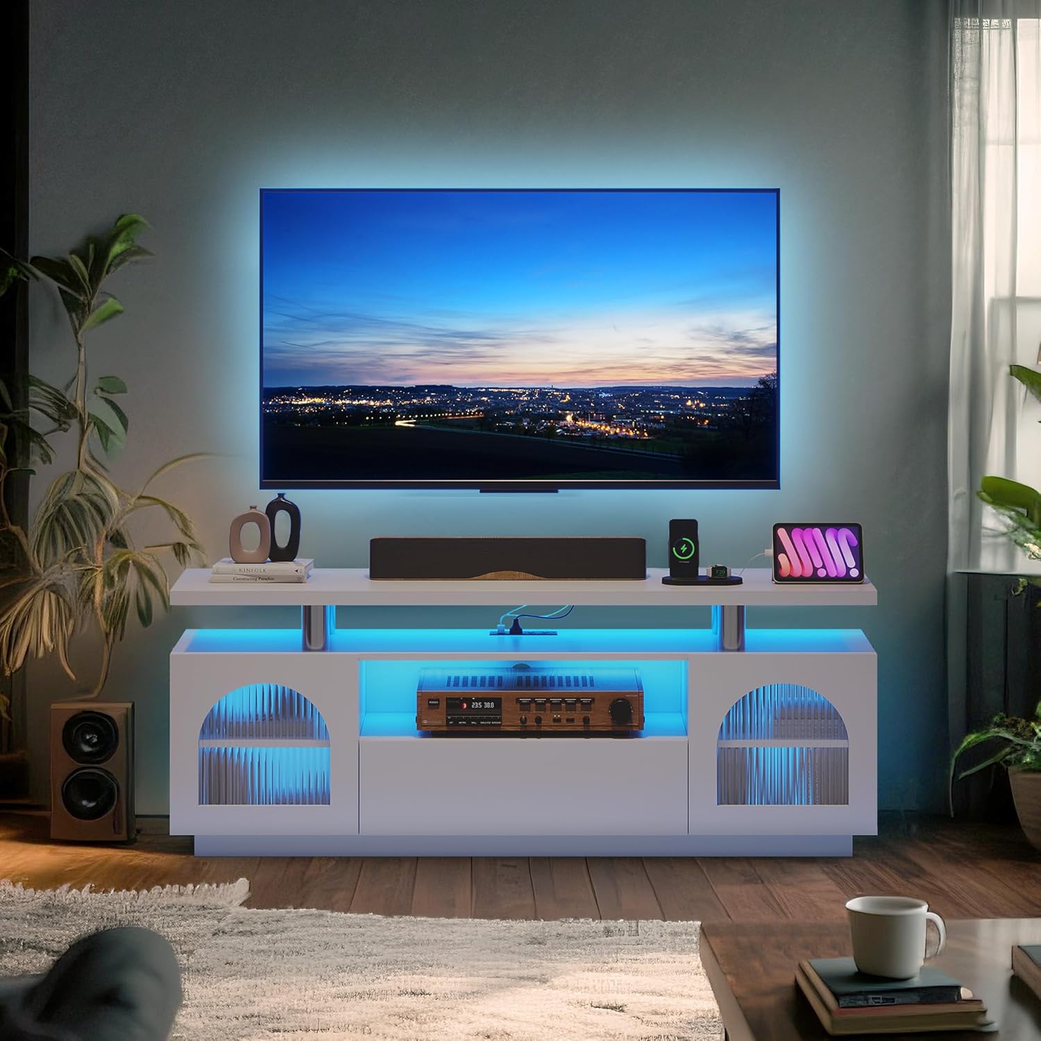 IdealHouse 59 Inch Wide White Modern Entertainment Center TV Stand Console with Power Outlets and LED Lights Media Console with Large Drawer and Adjustable Shelves for Living Room and Bedroom