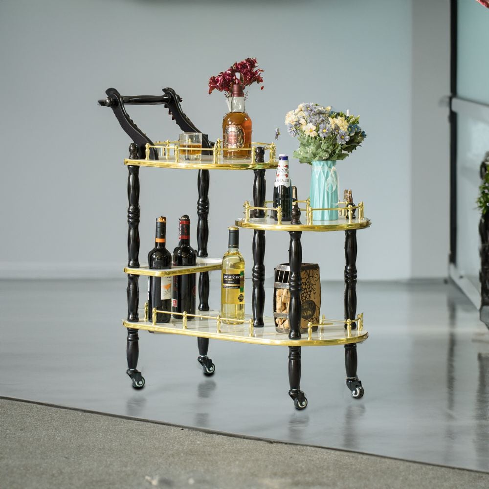 Fabulae White Wood 3-Tier Rolling Bar Cart with Wine Storage