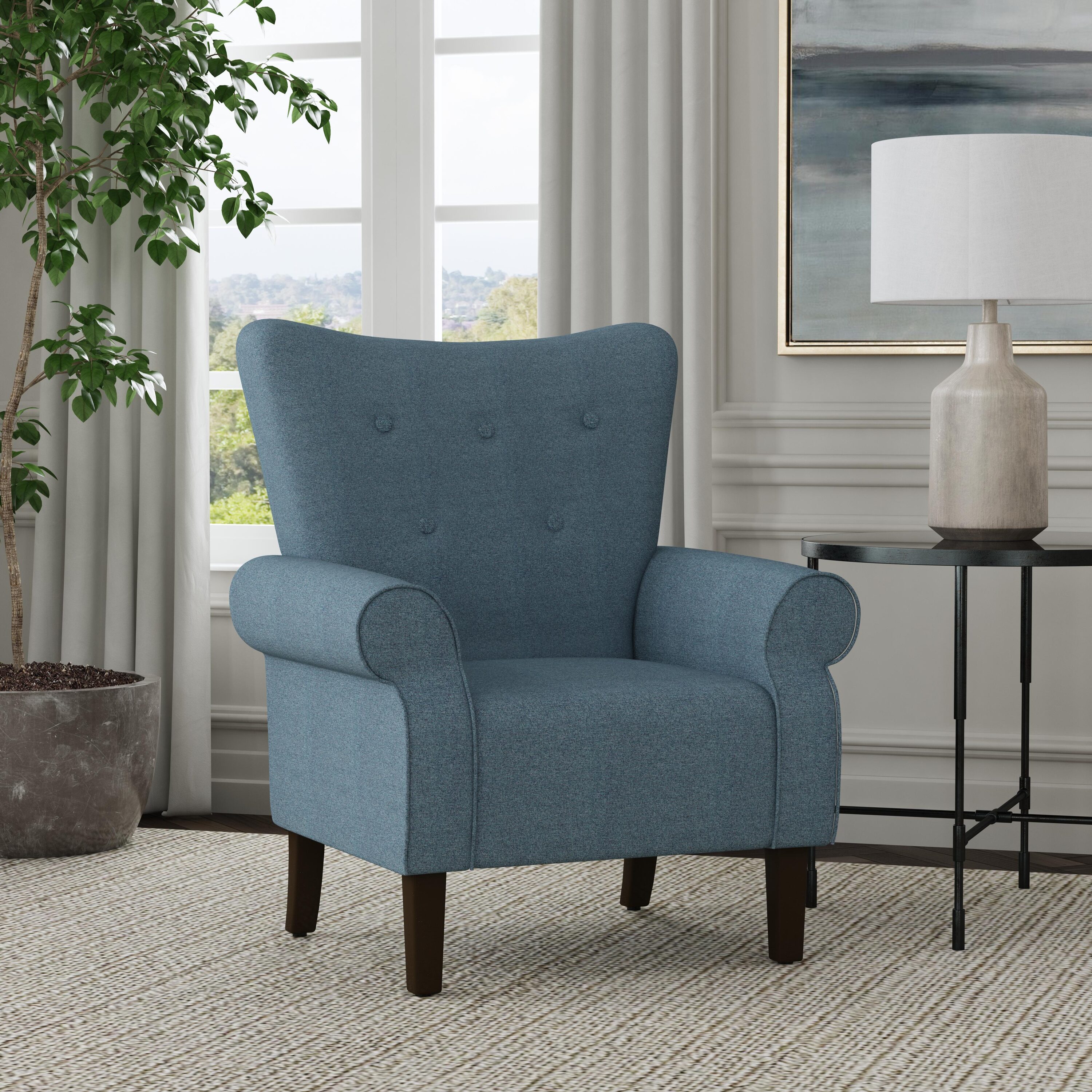 Rolled Arm Accent Chair 31.1-in W Casual Blue Textured Woven Wingback Armchair