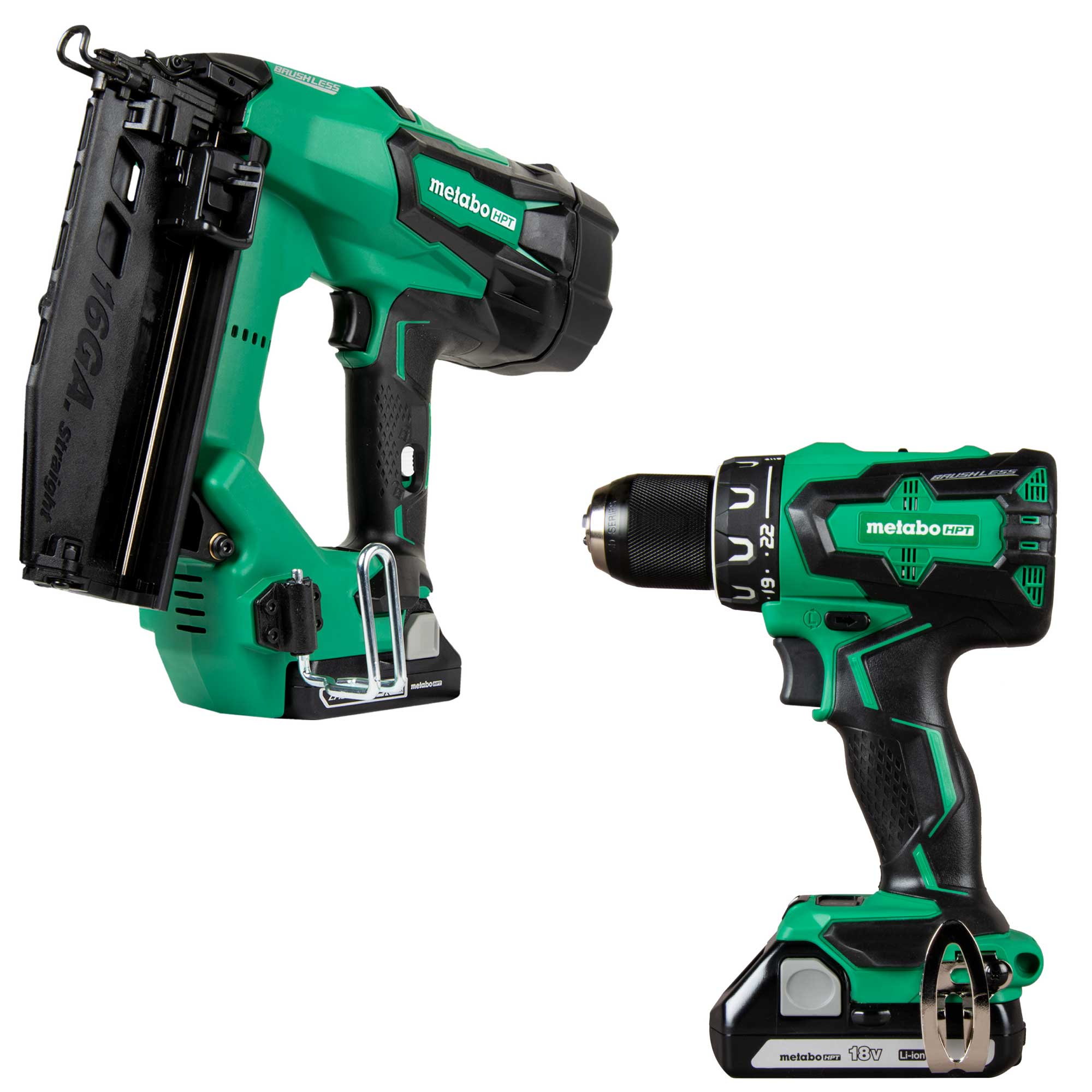 Metabo HPT MultiVolt 18-Volt 16-Gauge Cordless Finish Nailer with MultiVolt 18-volt 1/2-in Brushless Cordless Drill 2-batteries included and charger