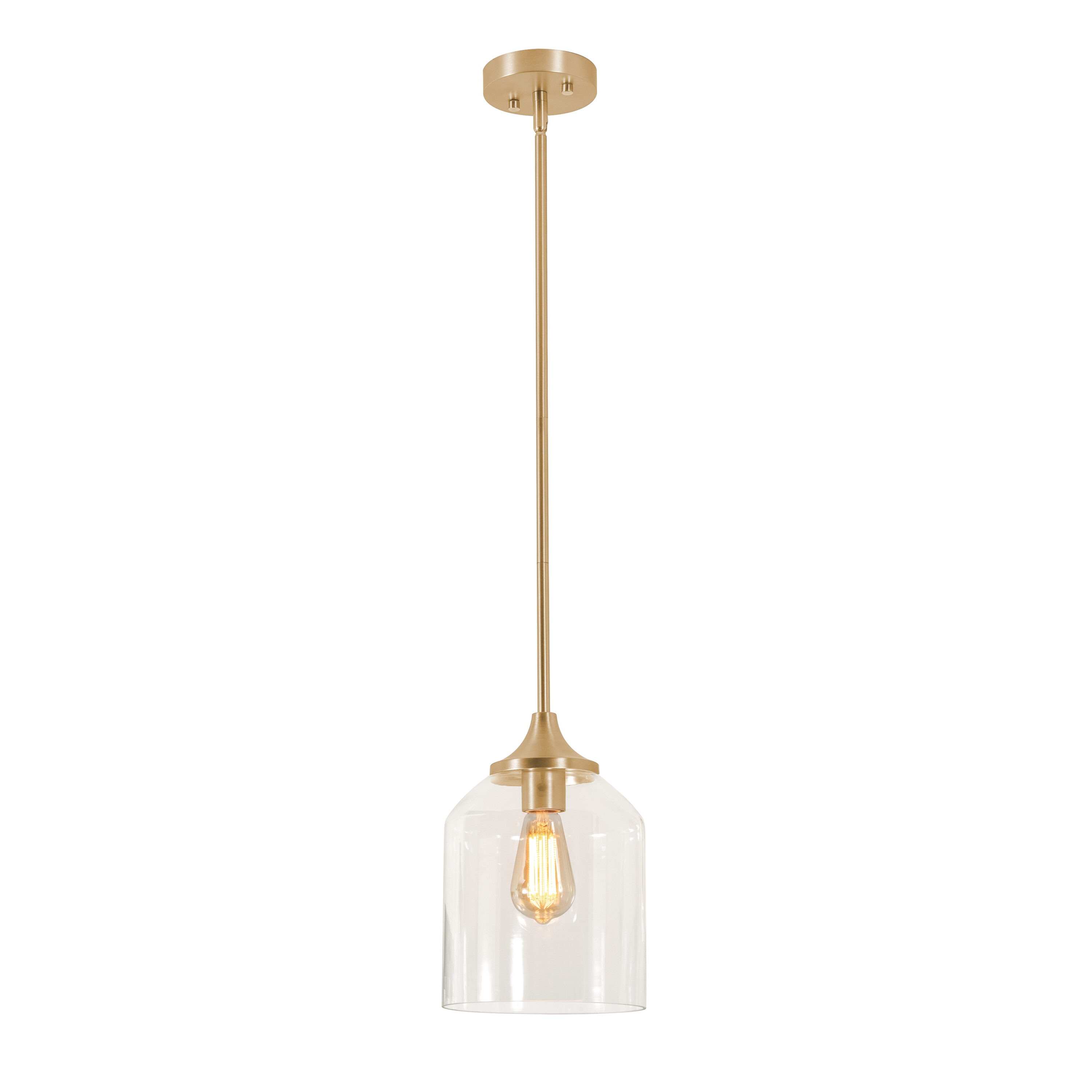 William Mini Bell-Shaped Clear Glass Pendant Light in Satin Brass