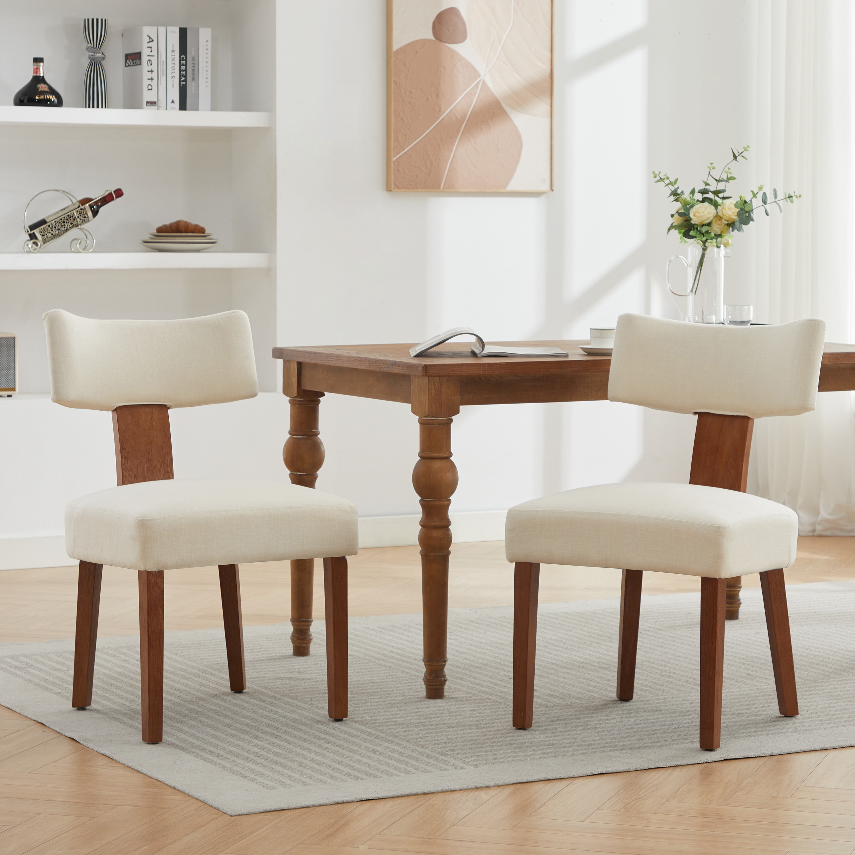 LOVMOR SF-M-W527P292111 Set of 2 Linen Fabric Modern Armless Dining Chairs With Curved backrest and Solid Wooden Legs for Dining Room Living Room Beige
