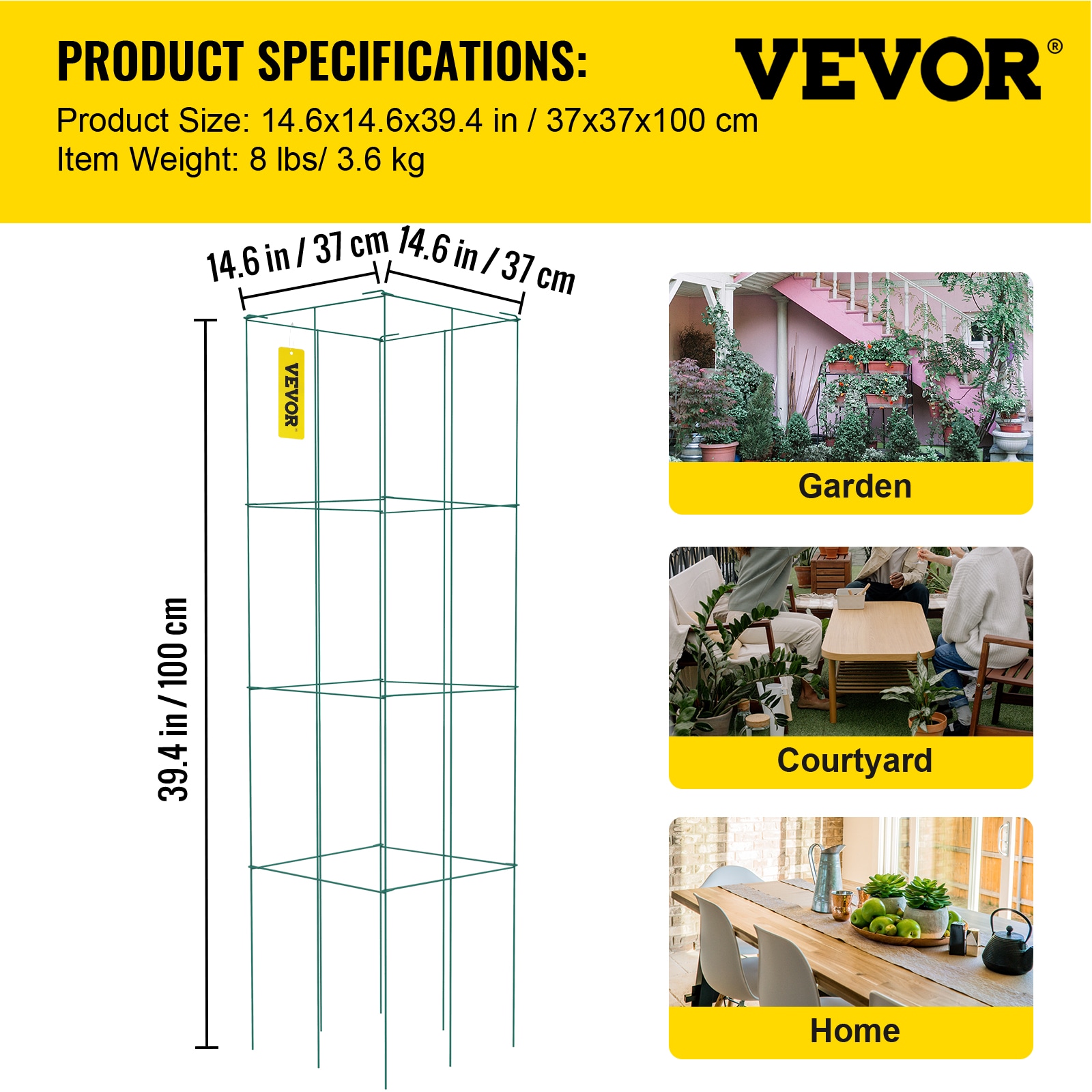 Green PVC-Coated Steel Square Tomato Cages, 3-Pack