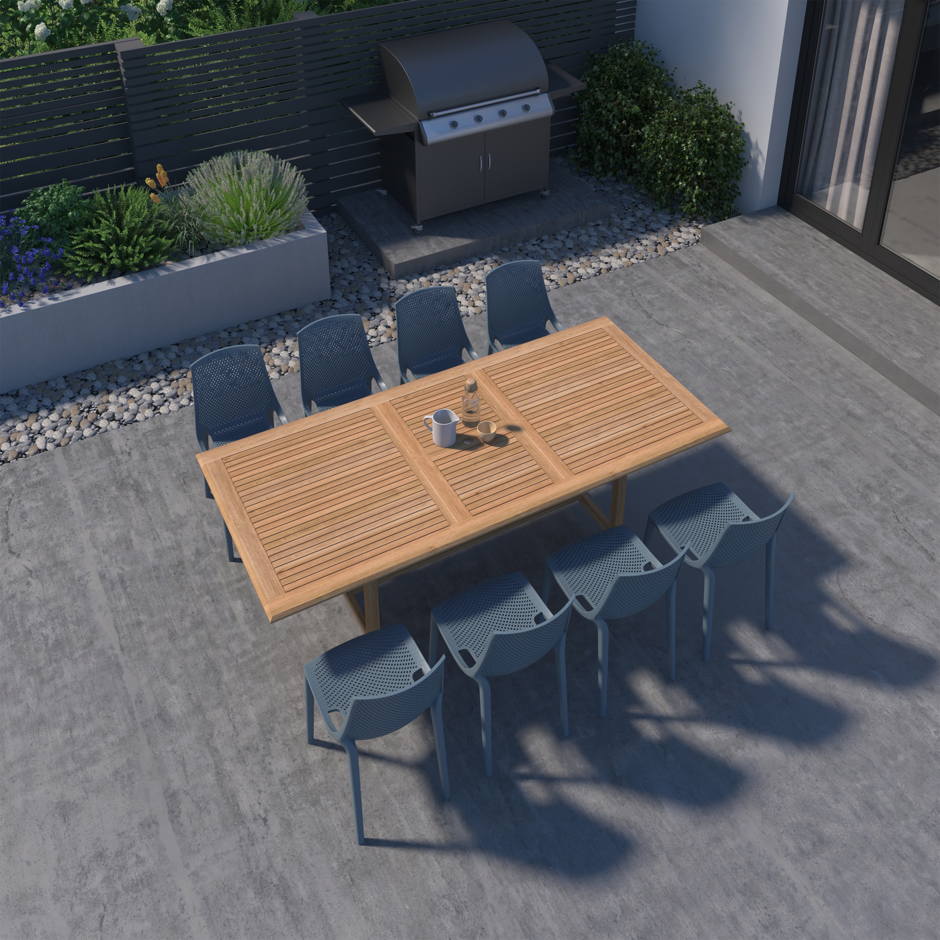 Amazonia SC DIANREC8VALSIDEGR Outdoor 9 -Piece Gray Patio Dining Set Extendable Table Teak Rectangle Table with 8 Stackable Stationary Chairs