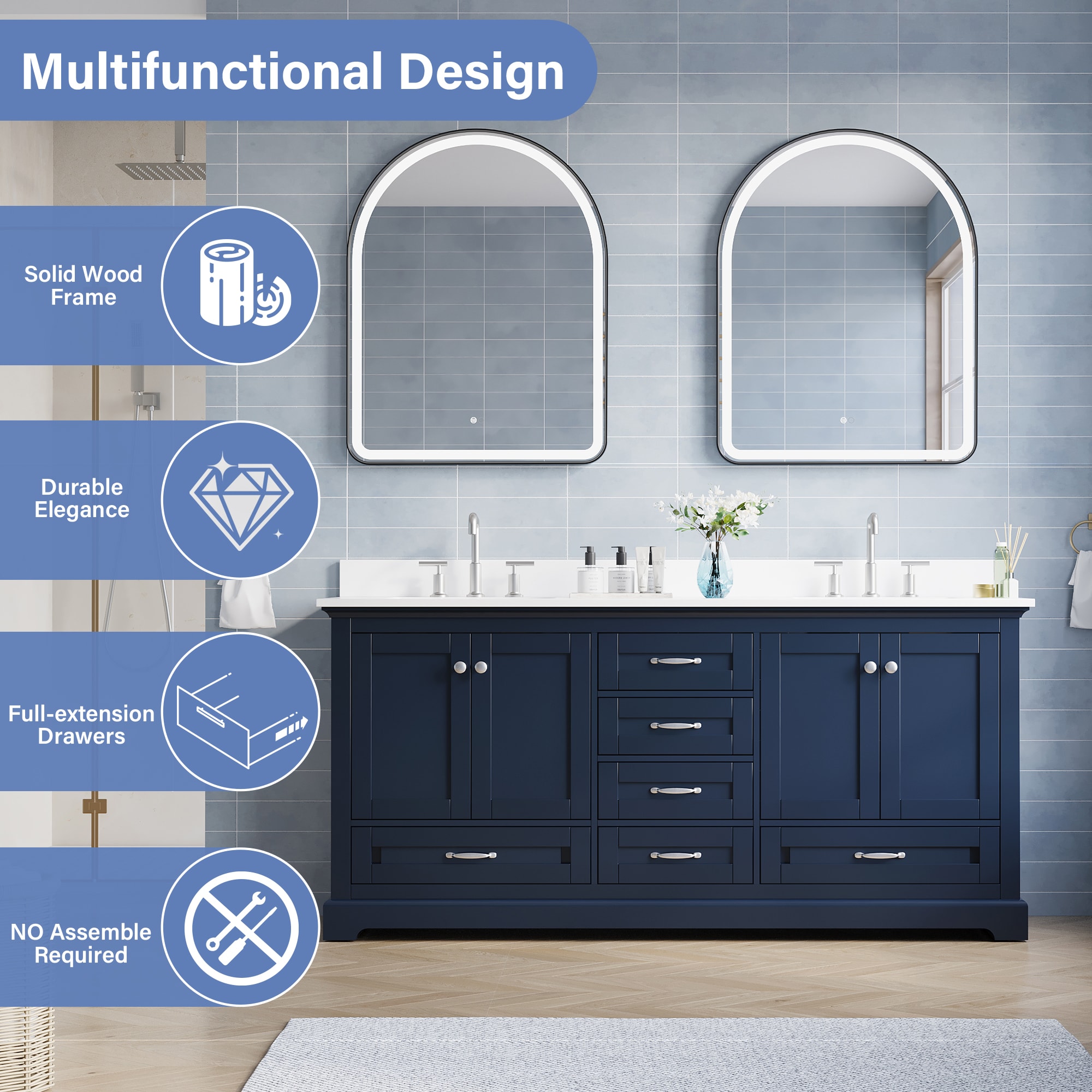 Forclover Assembled Solid Wood Bathroom Vanity 72-in Navy Blue
