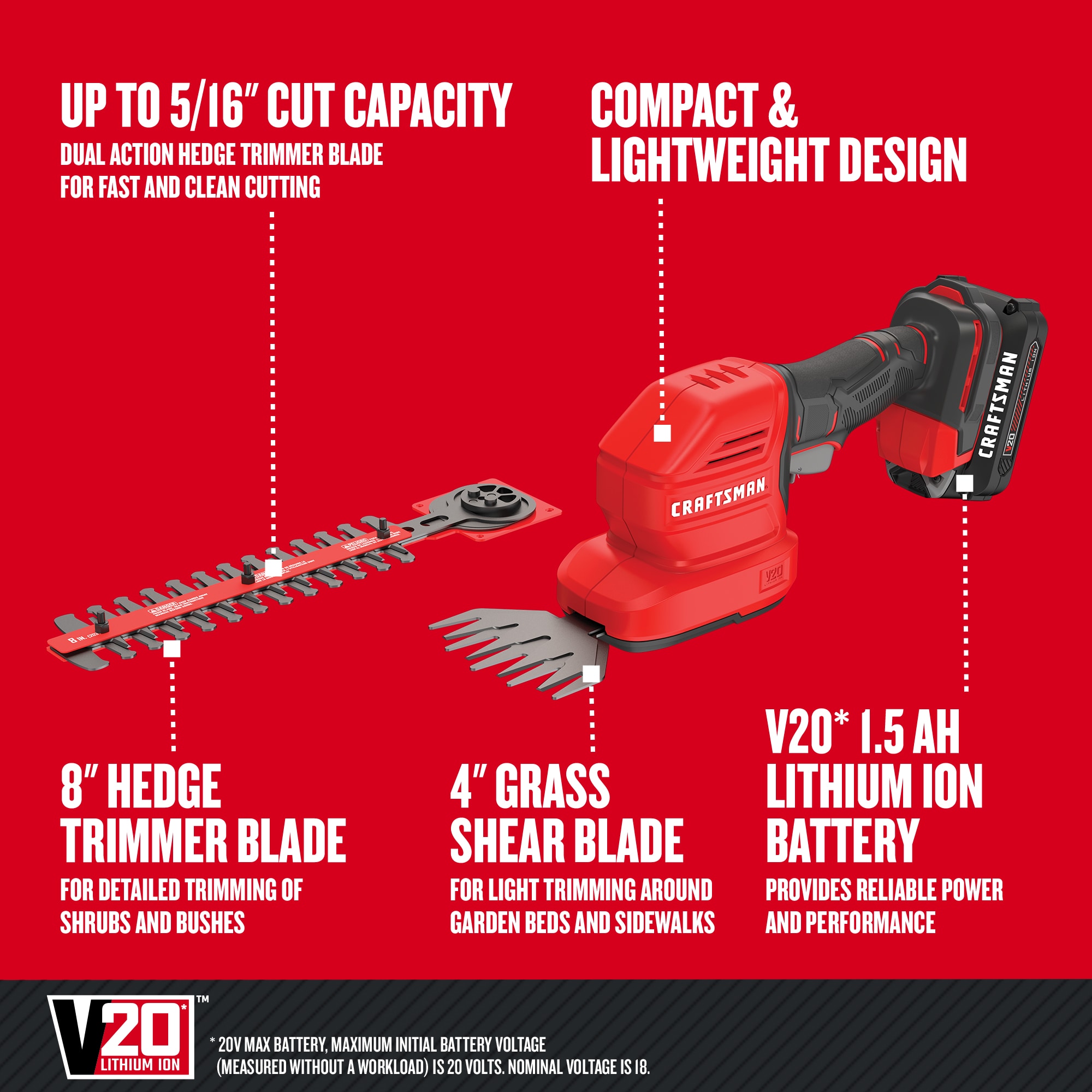 CRAFTSMAN 20-Volt Max 8-in Dual Cordless Electric Hedge Trimmer 1.5 Ah ...